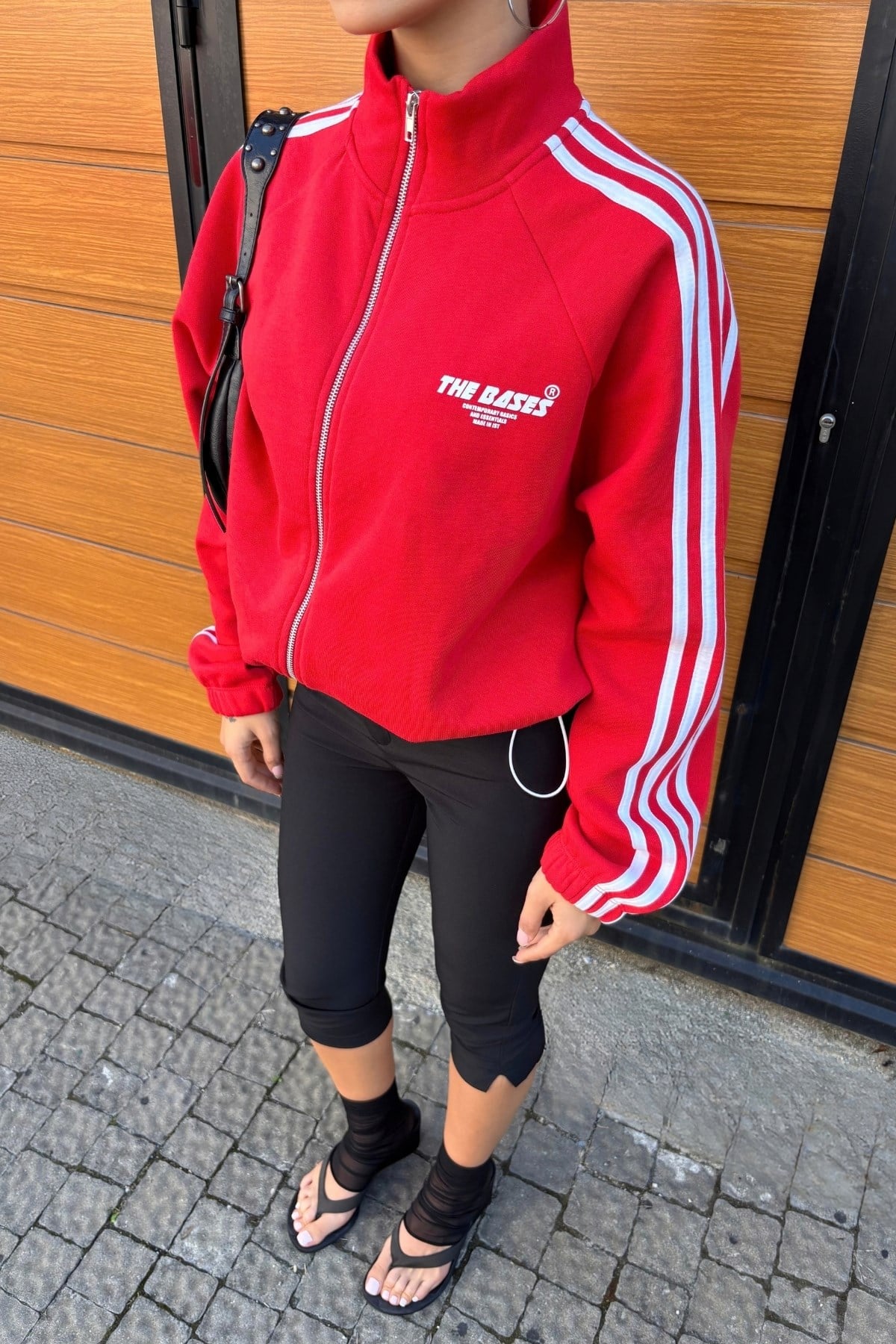 Kırmızı Oversize Şeritli Fermuarlı İçi polarlı Hırka Sweatshirt
