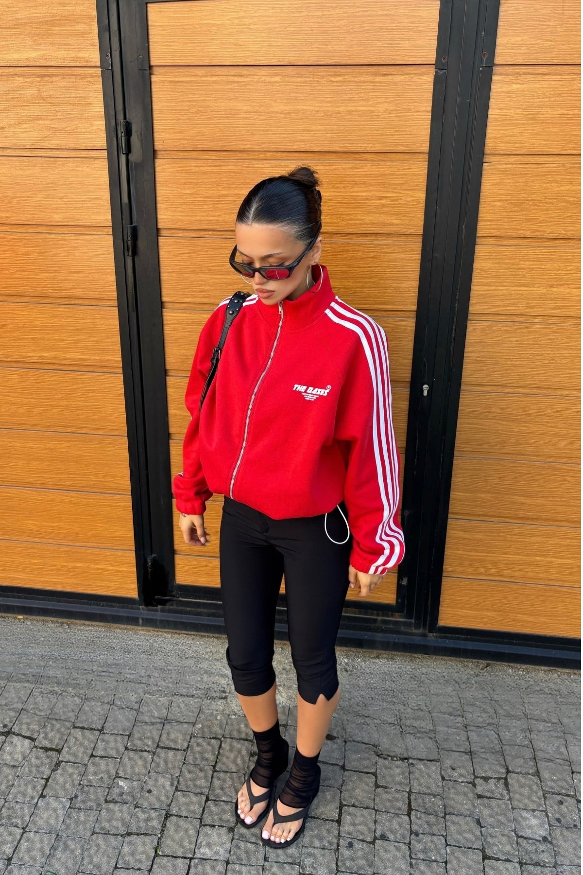 Kırmızı Oversize Şeritli Fermuarlı İçi polarlı Hırka Sweatshirt
