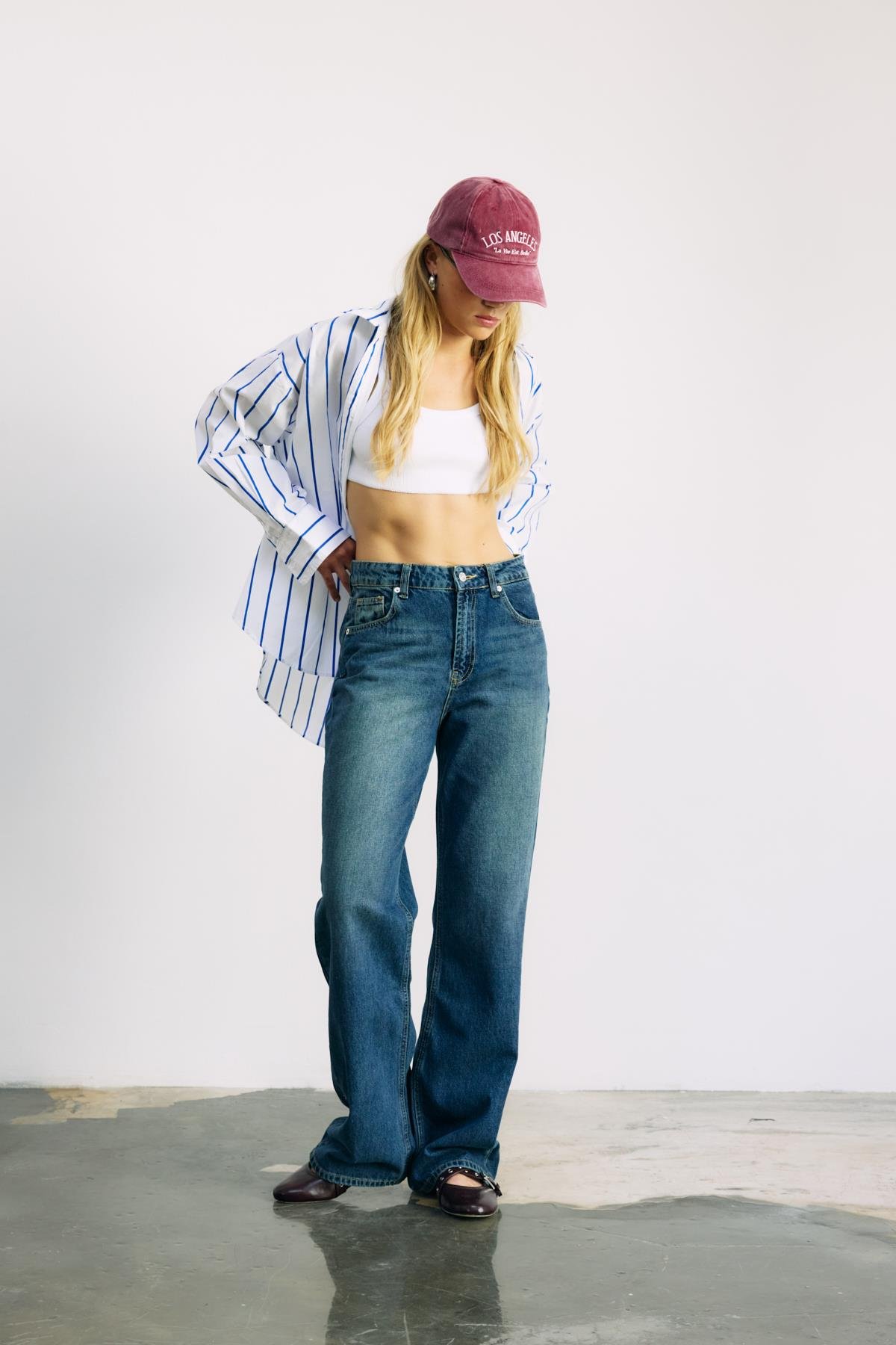 Koyu Mavi Soluk Efektli Wide Leg Geniş Paça Jeans