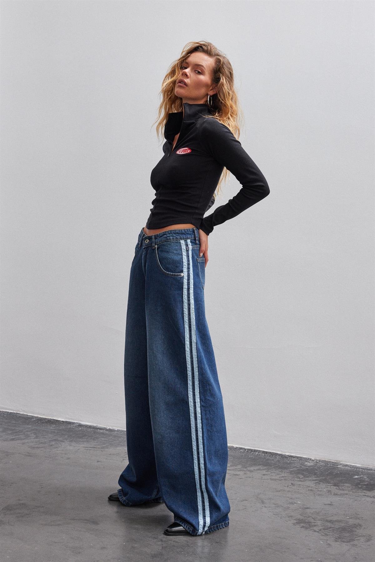 Koyu Mavi Yanı Şeritli Wide Leg Jean