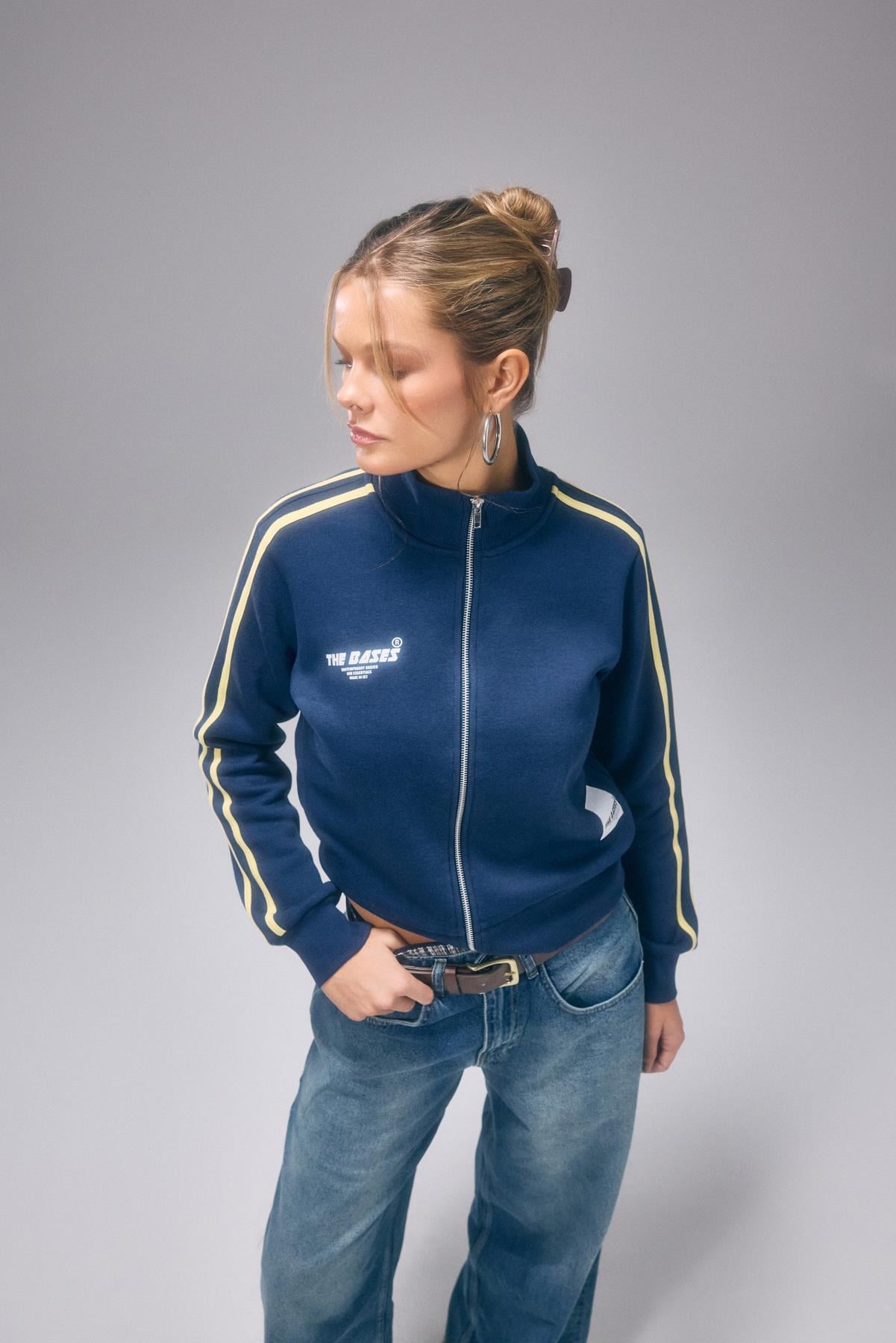 Lacivert Şeritli Fermuarlı Sweatshirt Hırka