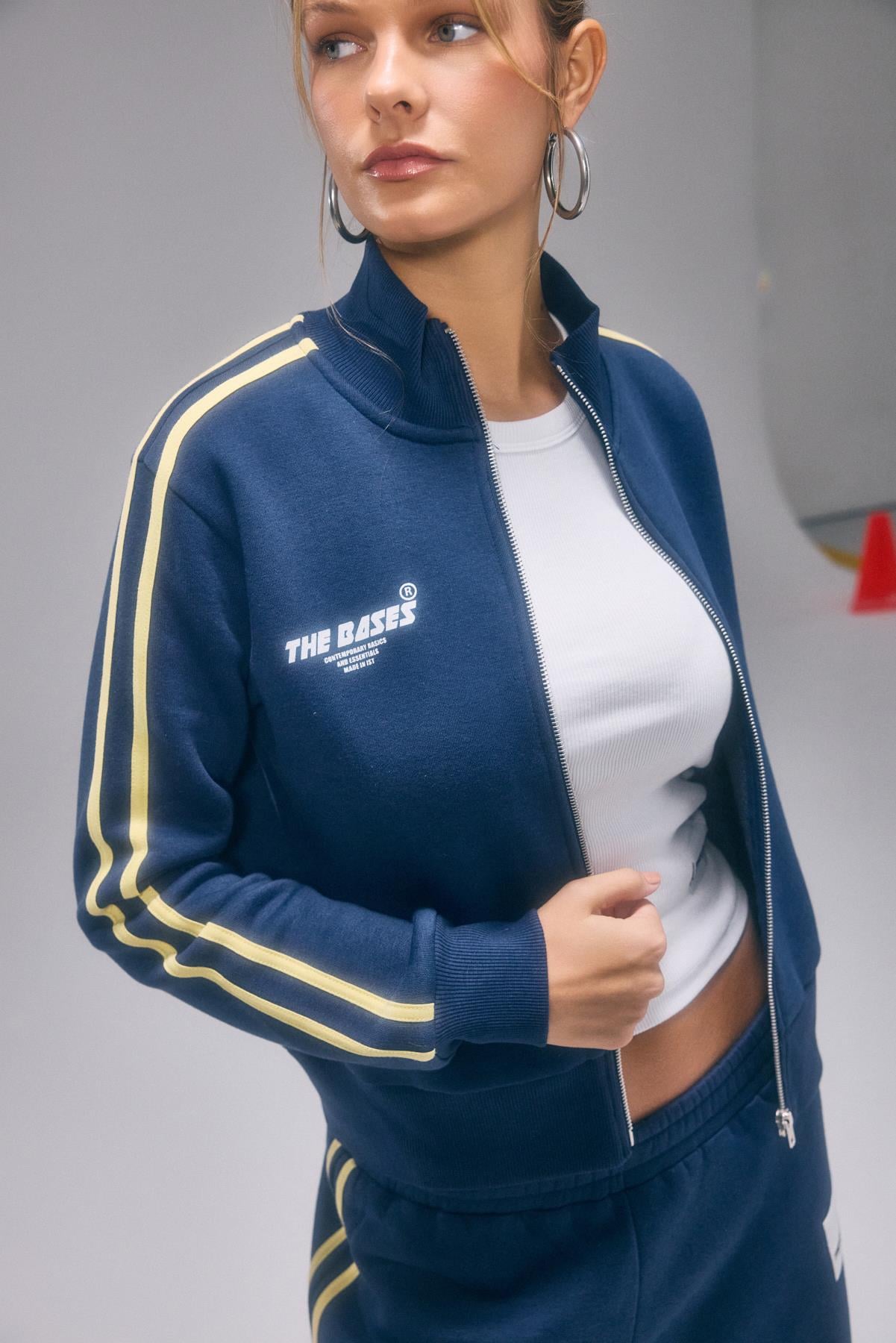 Lacivert Şeritli Fermuarlı Sweatshirt Hırka