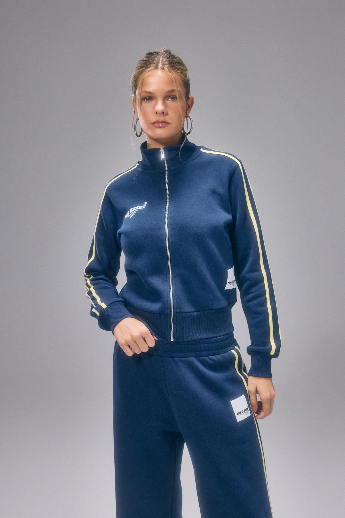 Lacivert Şeritli Fermuarlı Sweatshirt Hırka