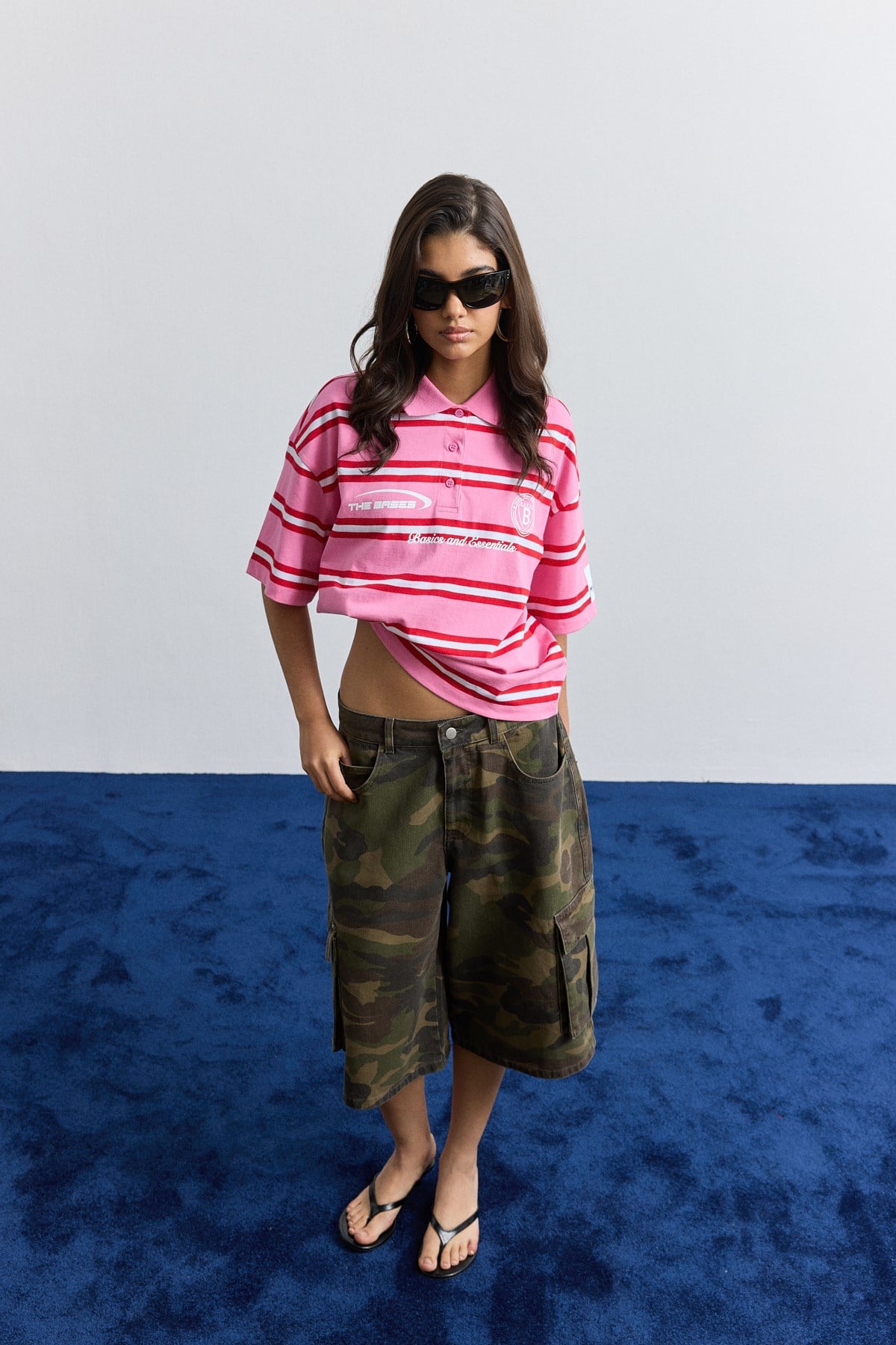 Pembe Polo Yaka Çizgili Oversize T-Shirt