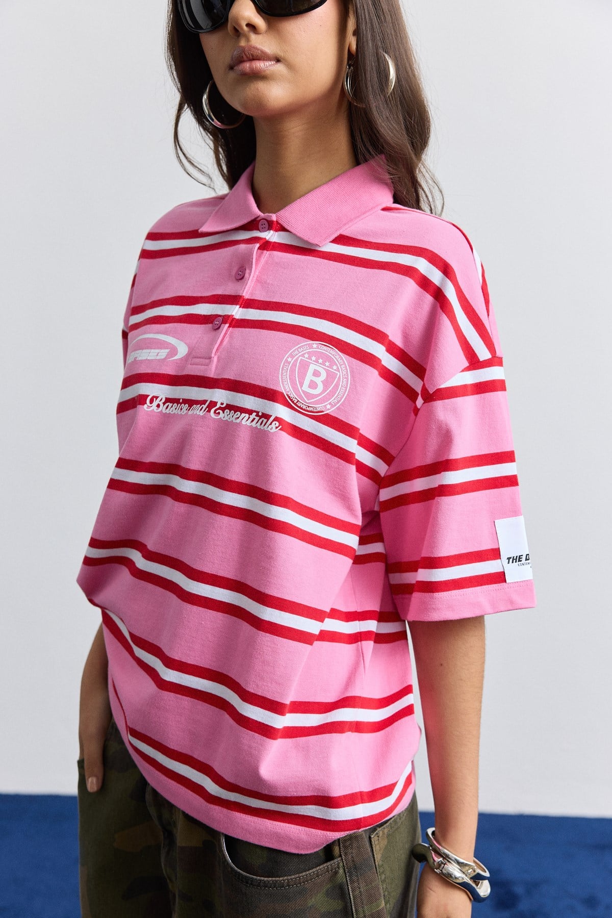 Pembe Polo Yaka Çizgili Oversize T-Shirt