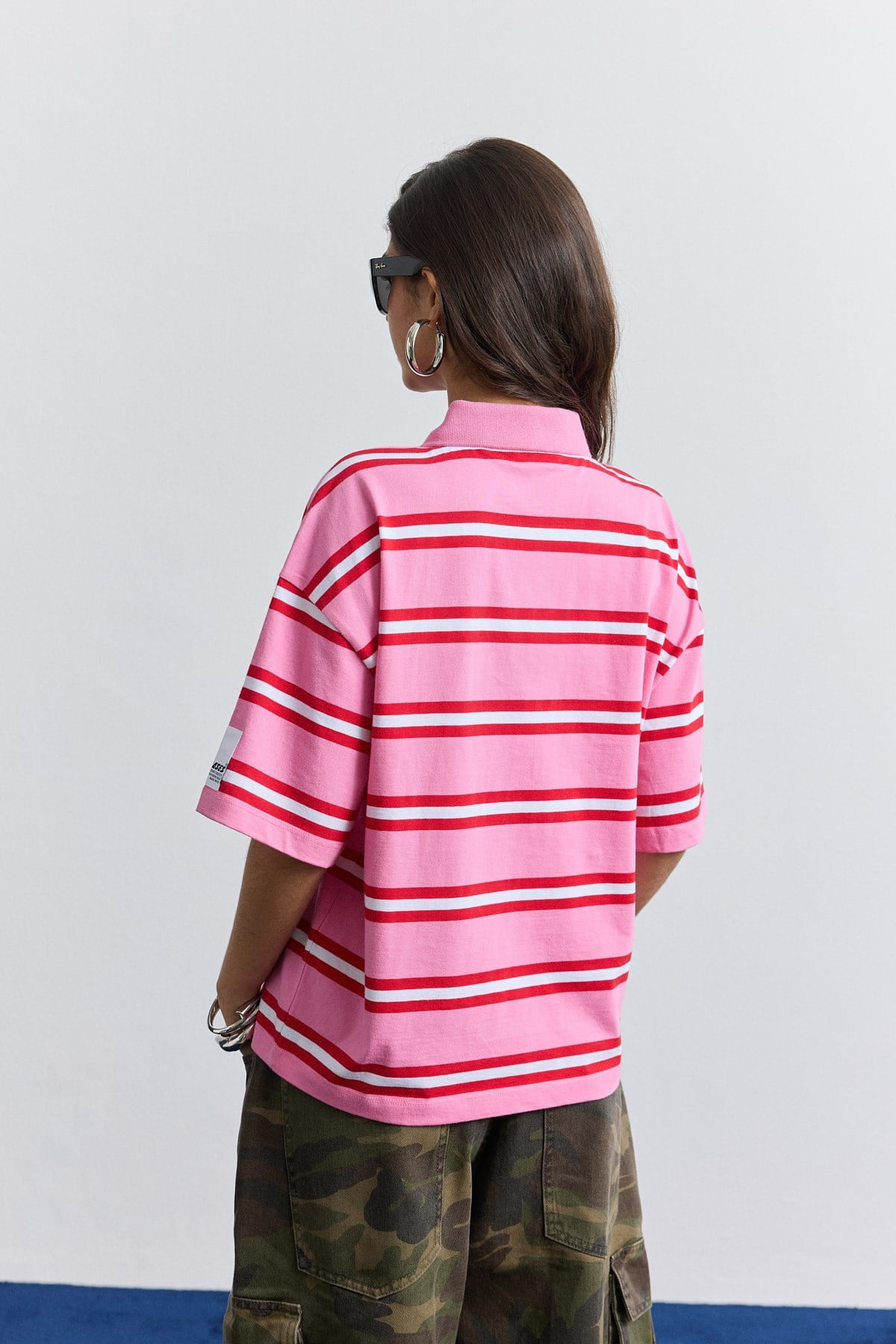 Pembe Polo Yaka Çizgili Oversize T-Shirt