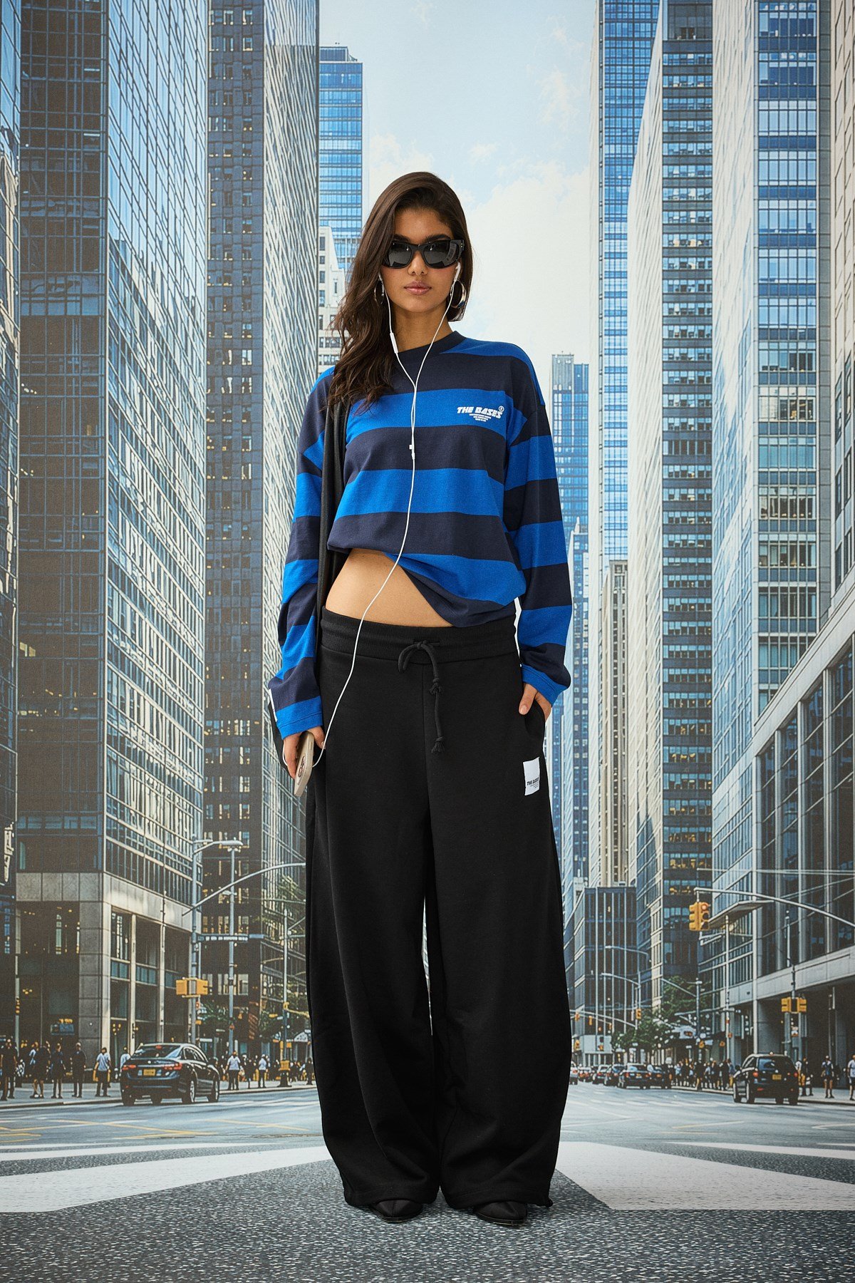 Saks Lacivert Çizgili Oversize Uzun Kol T-shirt