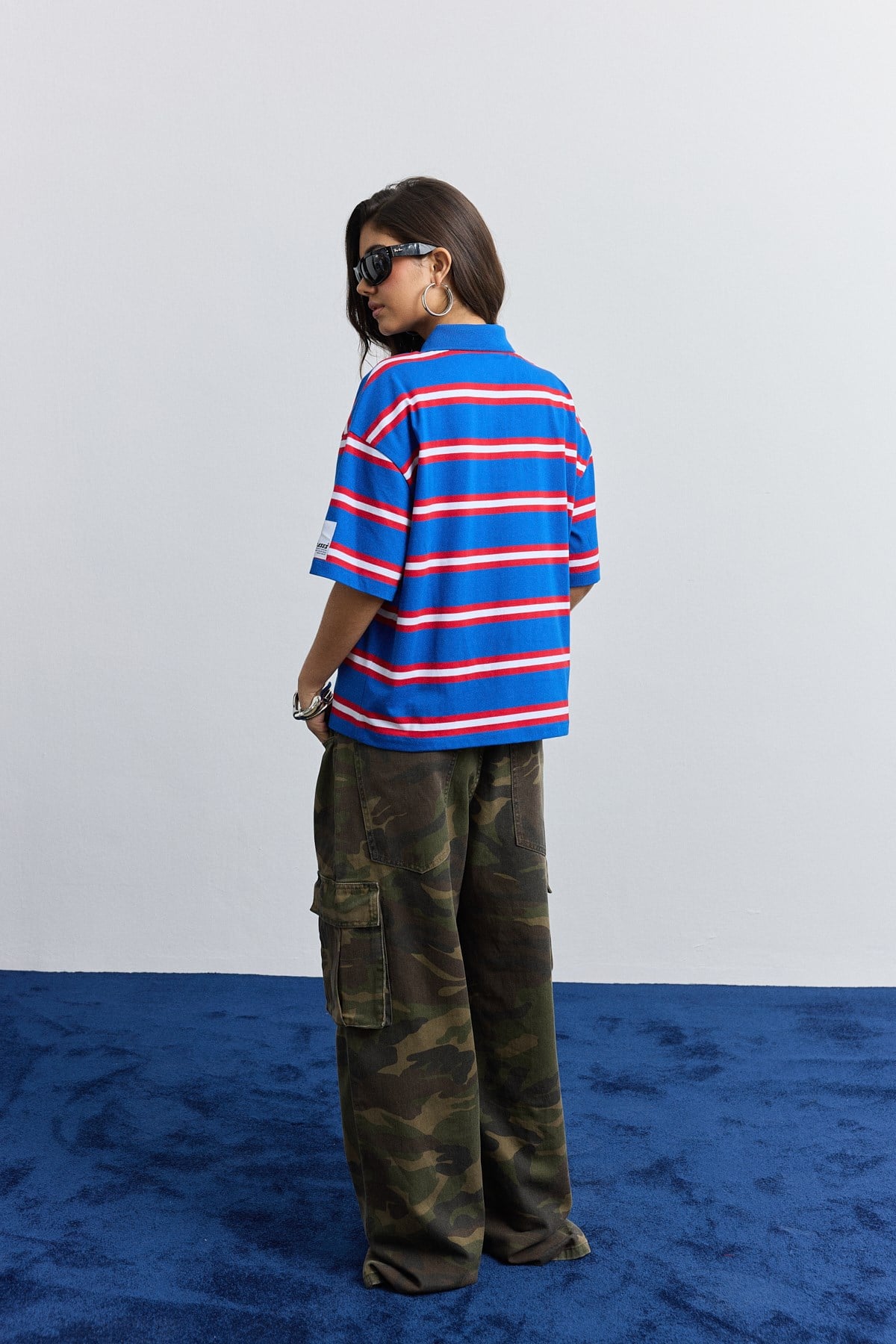 Saks Polo Yaka Çizgili Oversize T-Shirt
