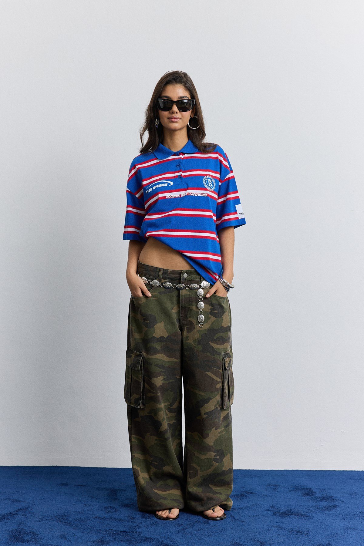 Saks Polo Yaka Çizgili Oversize T-Shirt