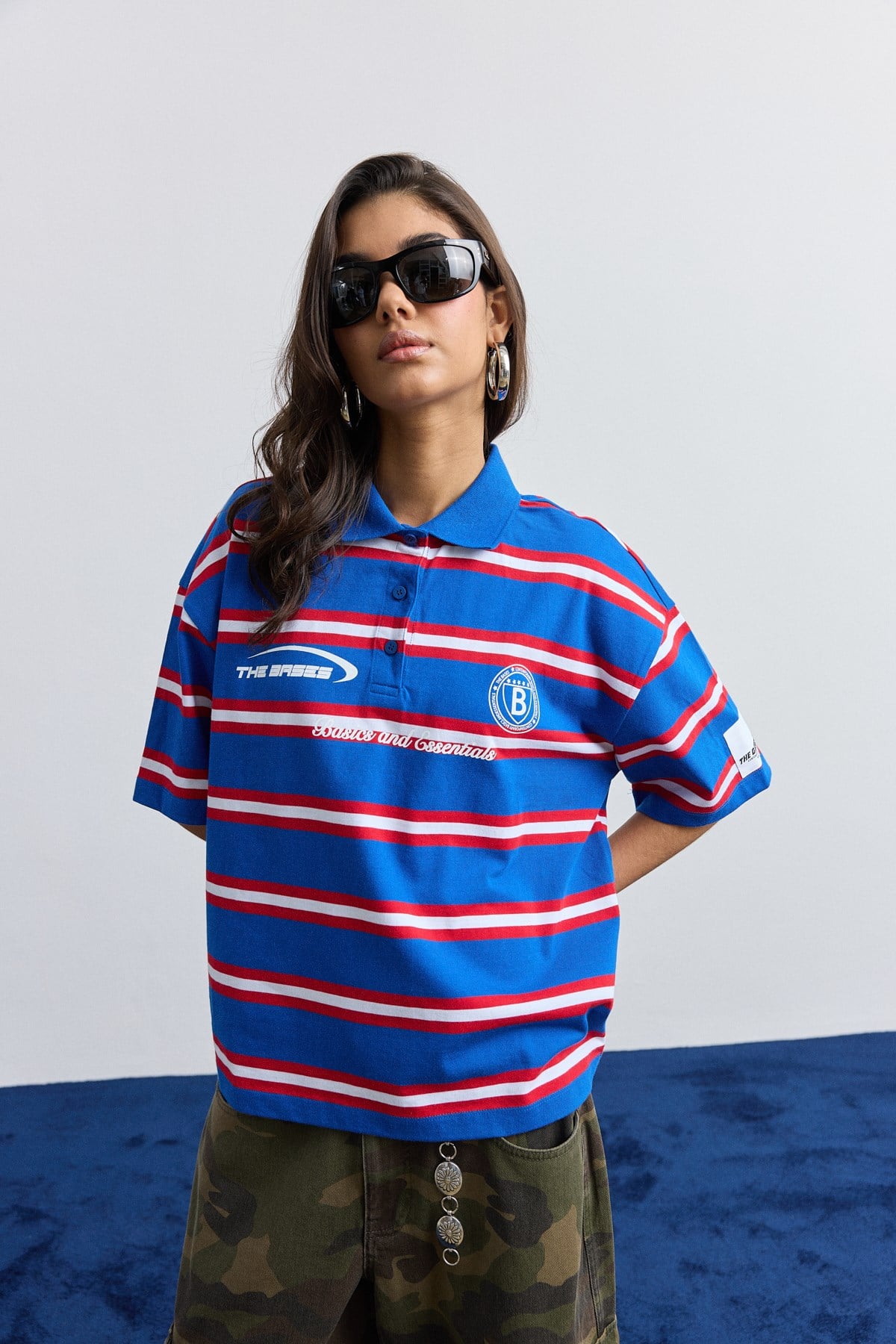 Saks Polo Yaka Çizgili Oversize T-Shirt