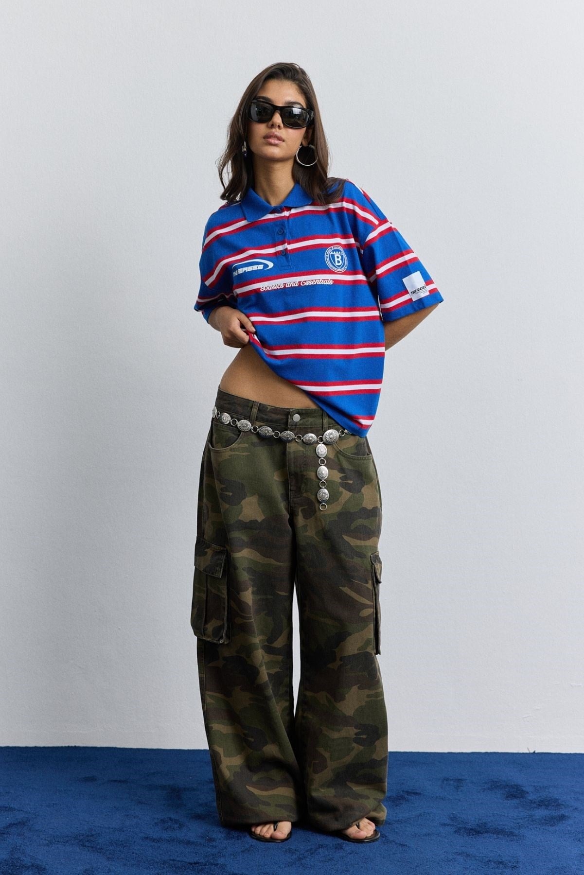 Saks Polo Yaka Çizgili Oversize T-Shirt