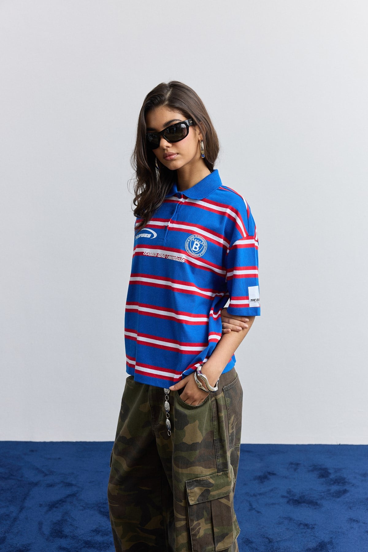 Saks Polo Yaka Çizgili Oversize T-Shirt