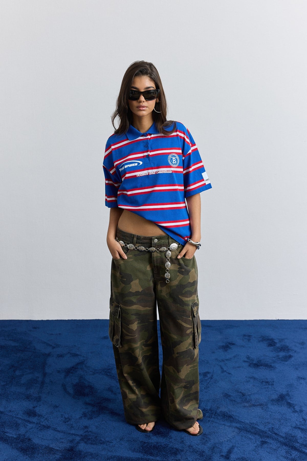 Saks Polo Yaka Çizgili Oversize T-Shirt