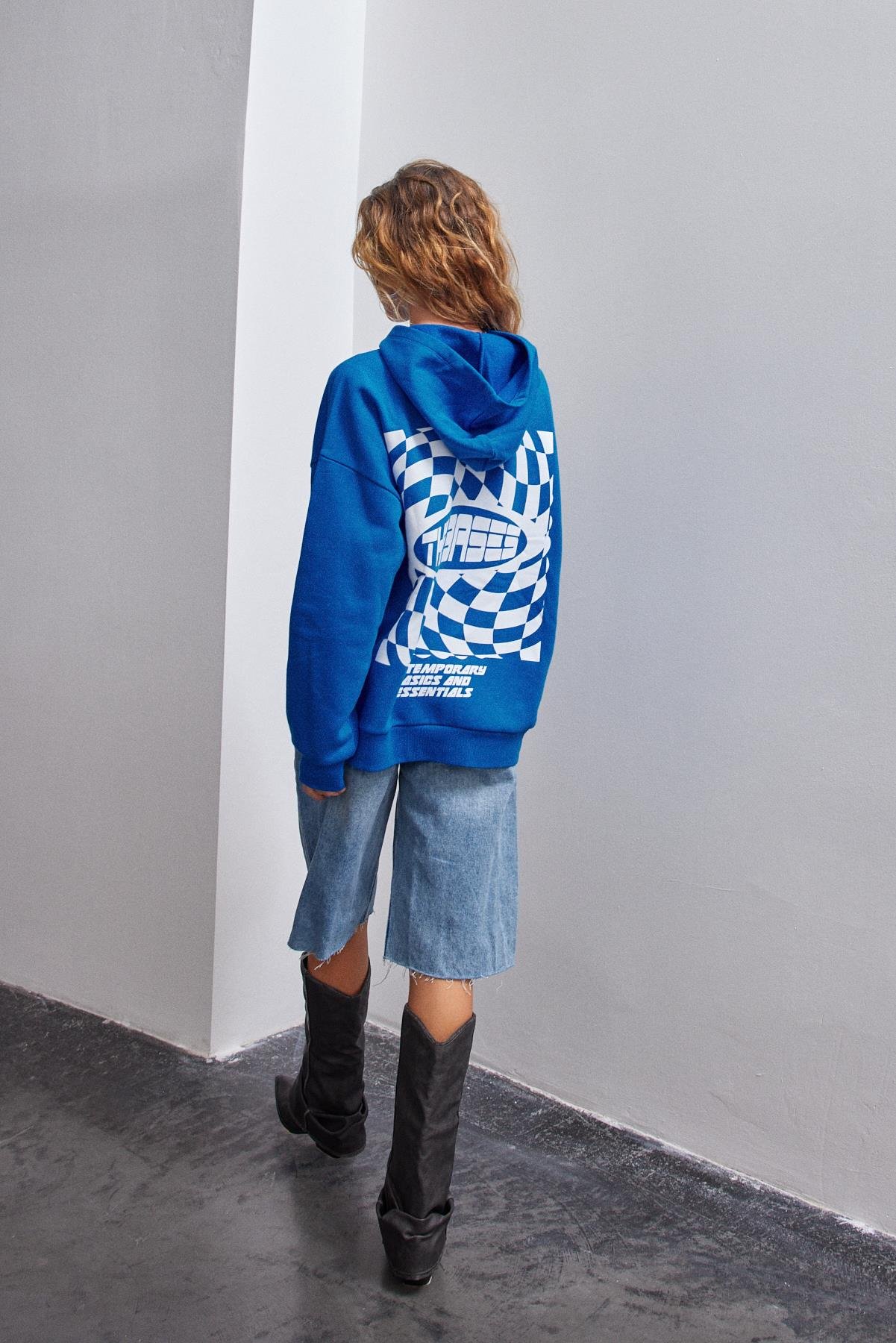 Saks Sırtı Baskılı Oversize Kapüşonlu Içi Polarli Sweatshirt