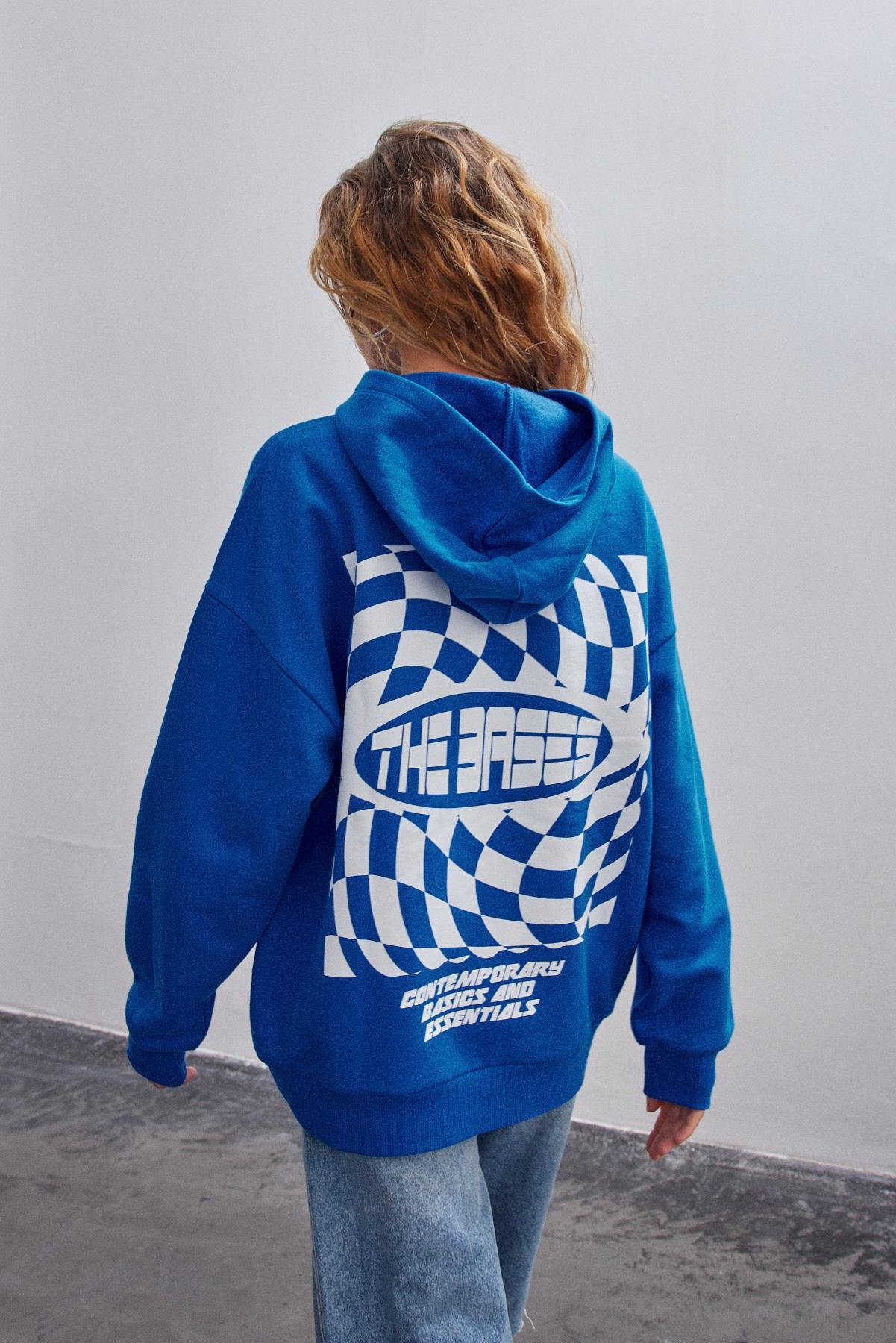 Saks Sırtı Baskılı Oversize Kapüşonlu Içi Polarli Sweatshirt