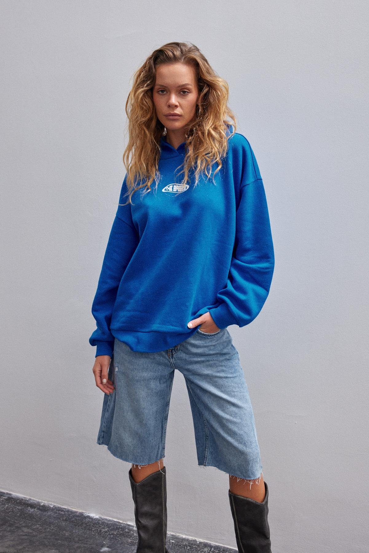 Saks Sırtı Baskılı Oversize Kapüşonlu Içi Polarli Sweatshirt