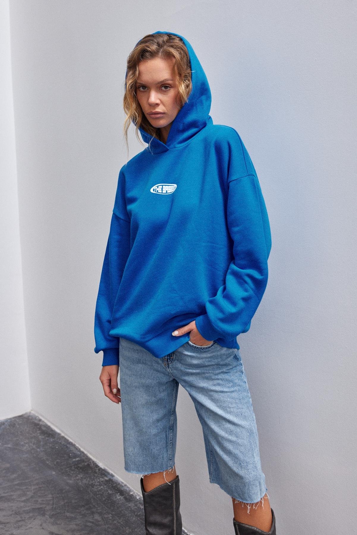 Saks Sırtı Baskılı Oversize Kapüşonlu Içi Polarli Sweatshirt