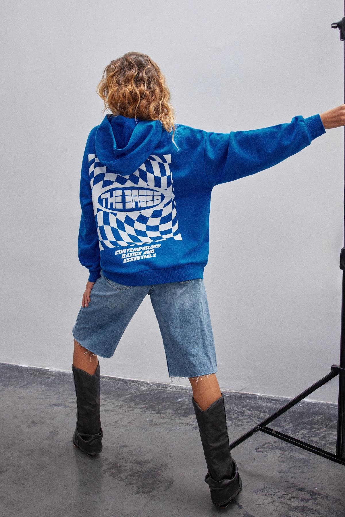 Saks Sırtı Baskılı Oversize Kapüşonlu Içi Polarli Sweatshirt