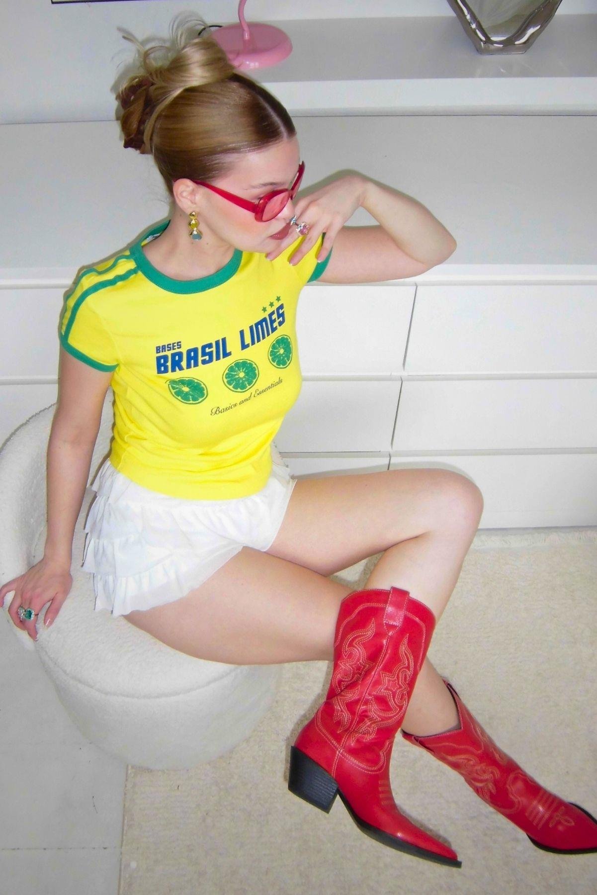 Sarı Brasil Limes Baskılı Şeritli T-Shirt
