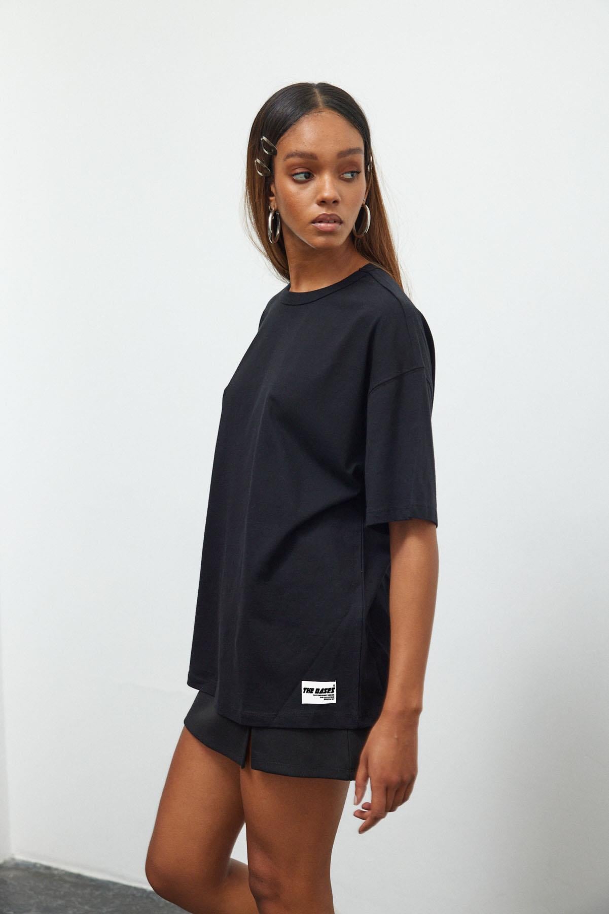 Siyah %100 Pamuk Premium Basic Kısa Kollu Oversize T-shirt