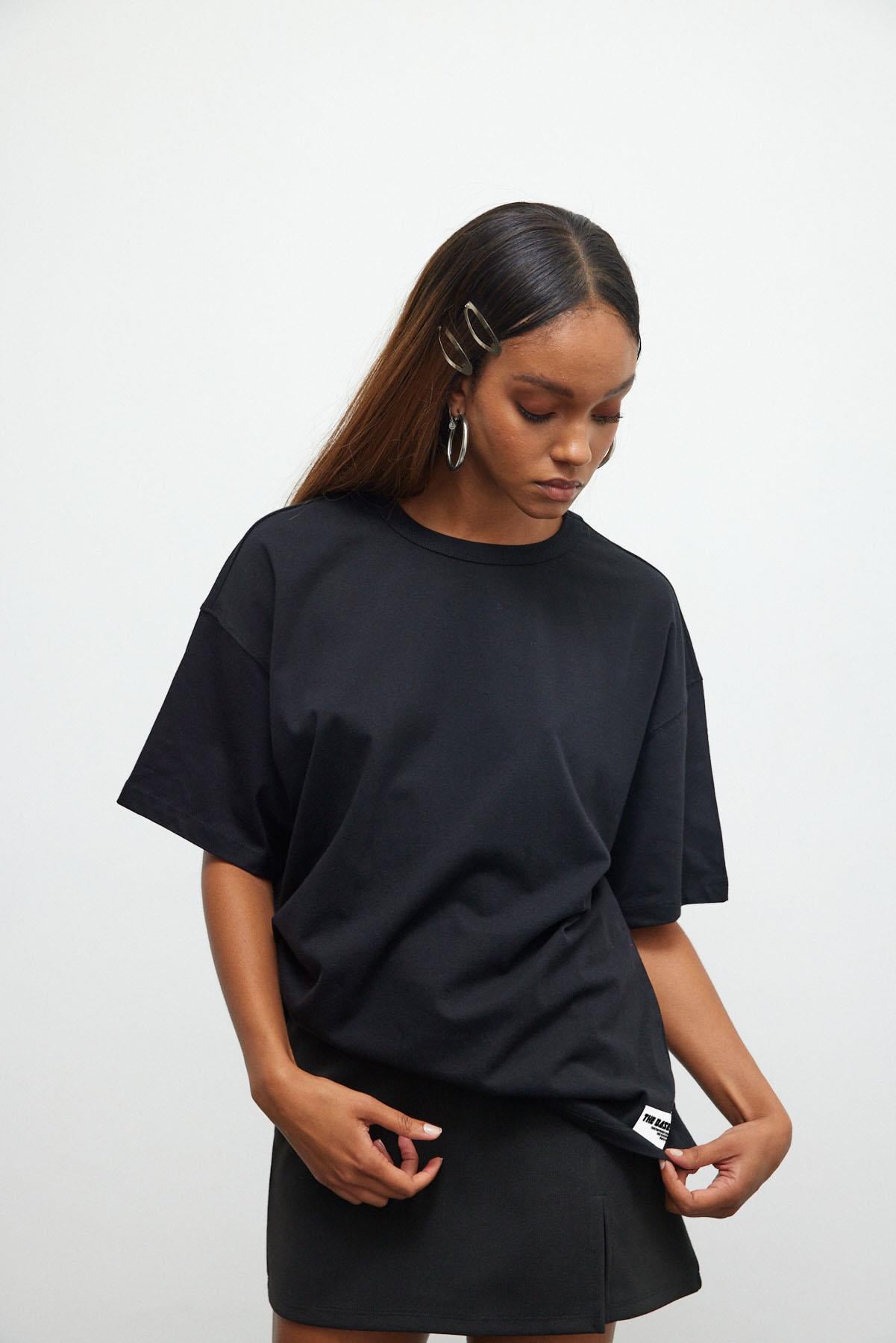 Siyah %100 Pamuk Premium Basic Kısa Kollu Oversize T-shirt