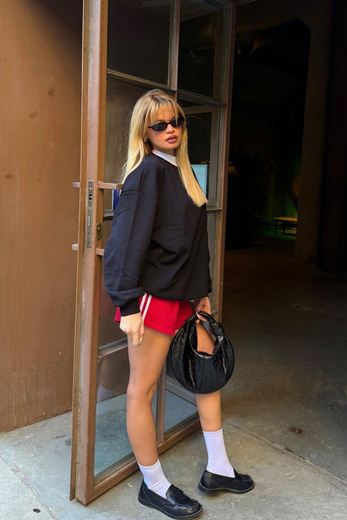 Siyah Basic Bisiklet Yaka Içi Polarlı Oversize Sweatshirt