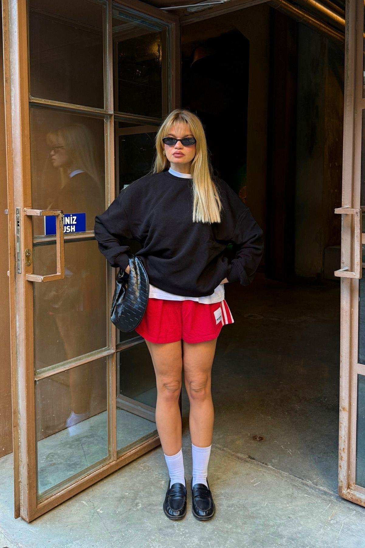 Siyah Basic Bisiklet Yaka Içi Polarlı Oversize Sweatshirt