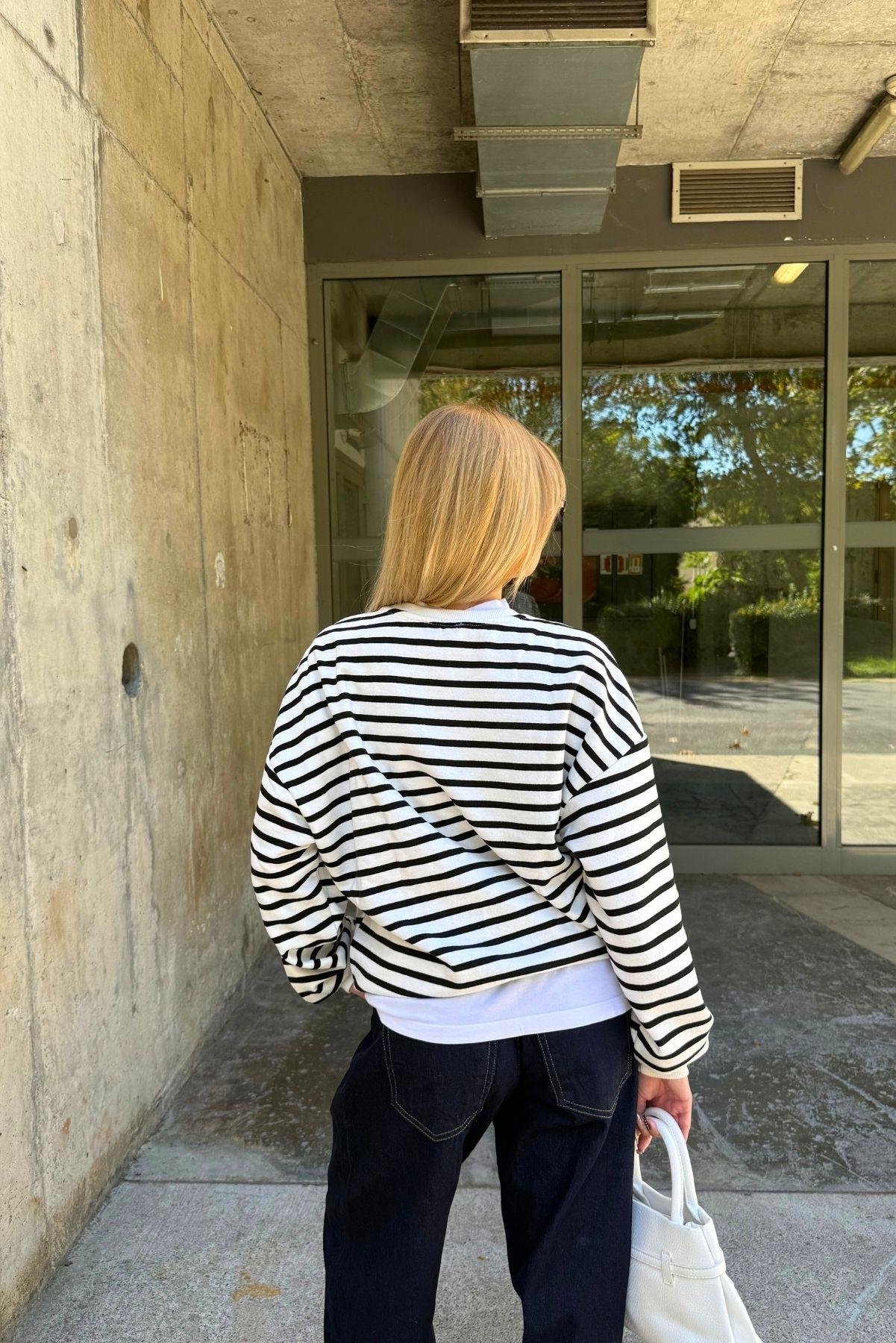 Siyah Çizgili Basic Bisiklet Yaka Içi Polarlı Oversize Sweatshirt