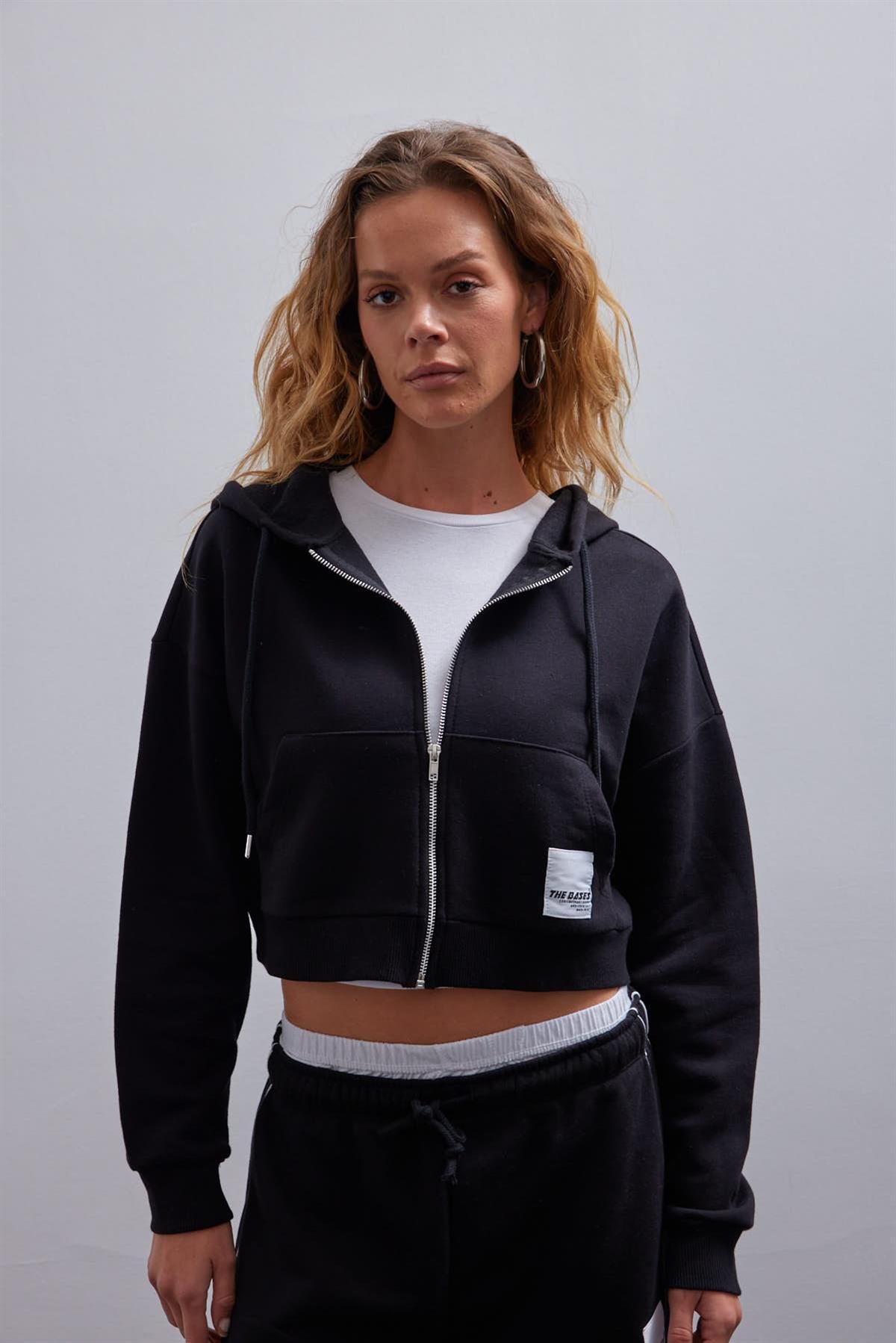 Siyah İçi Polarlı Fermuarlı Crop Sweatshirt
