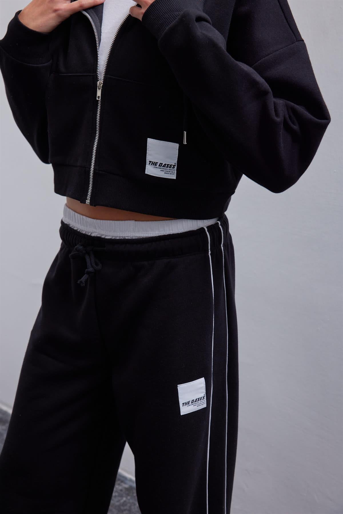 Siyah İçi Polarlı Fermuarlı Crop Sweatshirt
