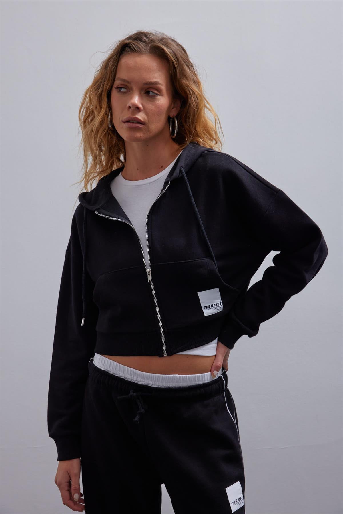 Siyah İçi Polarlı Fermuarlı Crop Sweatshirt