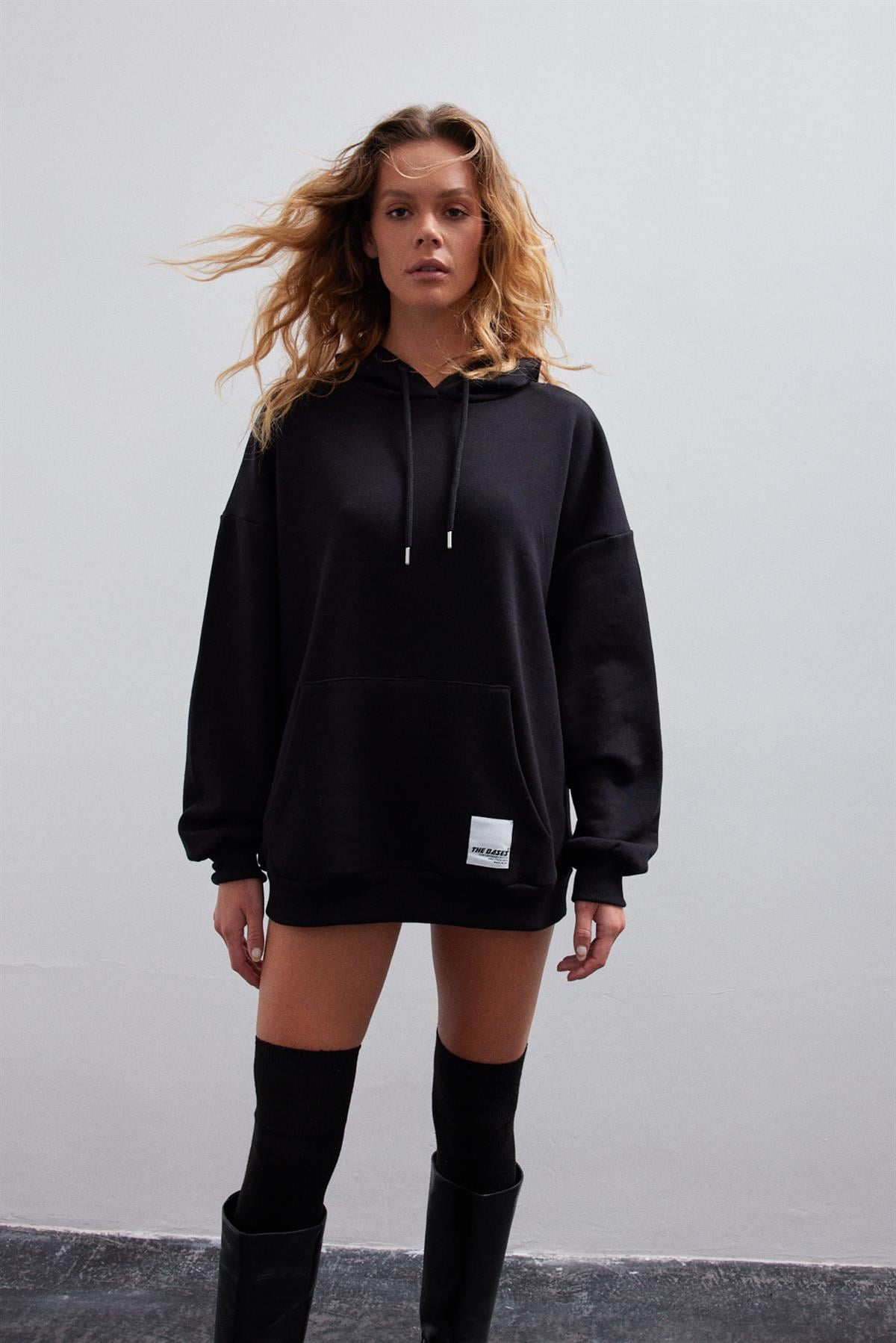 Siyah Oversize İçi Polarli Kapüşonlu Sweatshirt