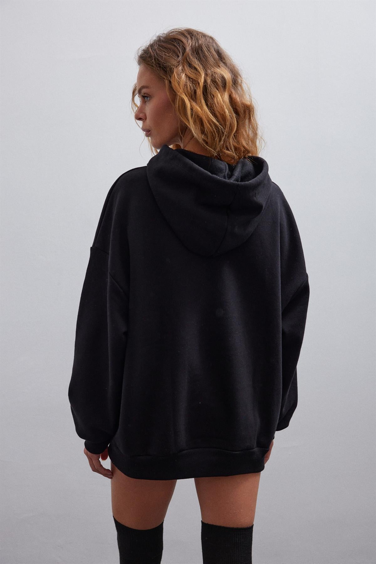 Siyah Oversize İçi Polarli Kapüşonlu Sweatshirt