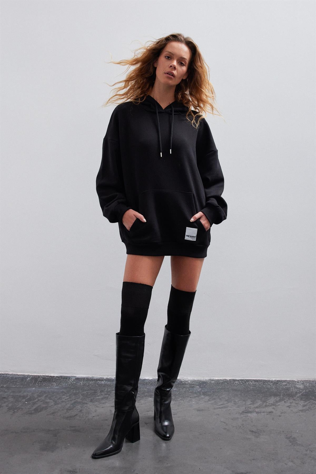 Siyah Oversize İçi Polarli Kapüşonlu Sweatshirt