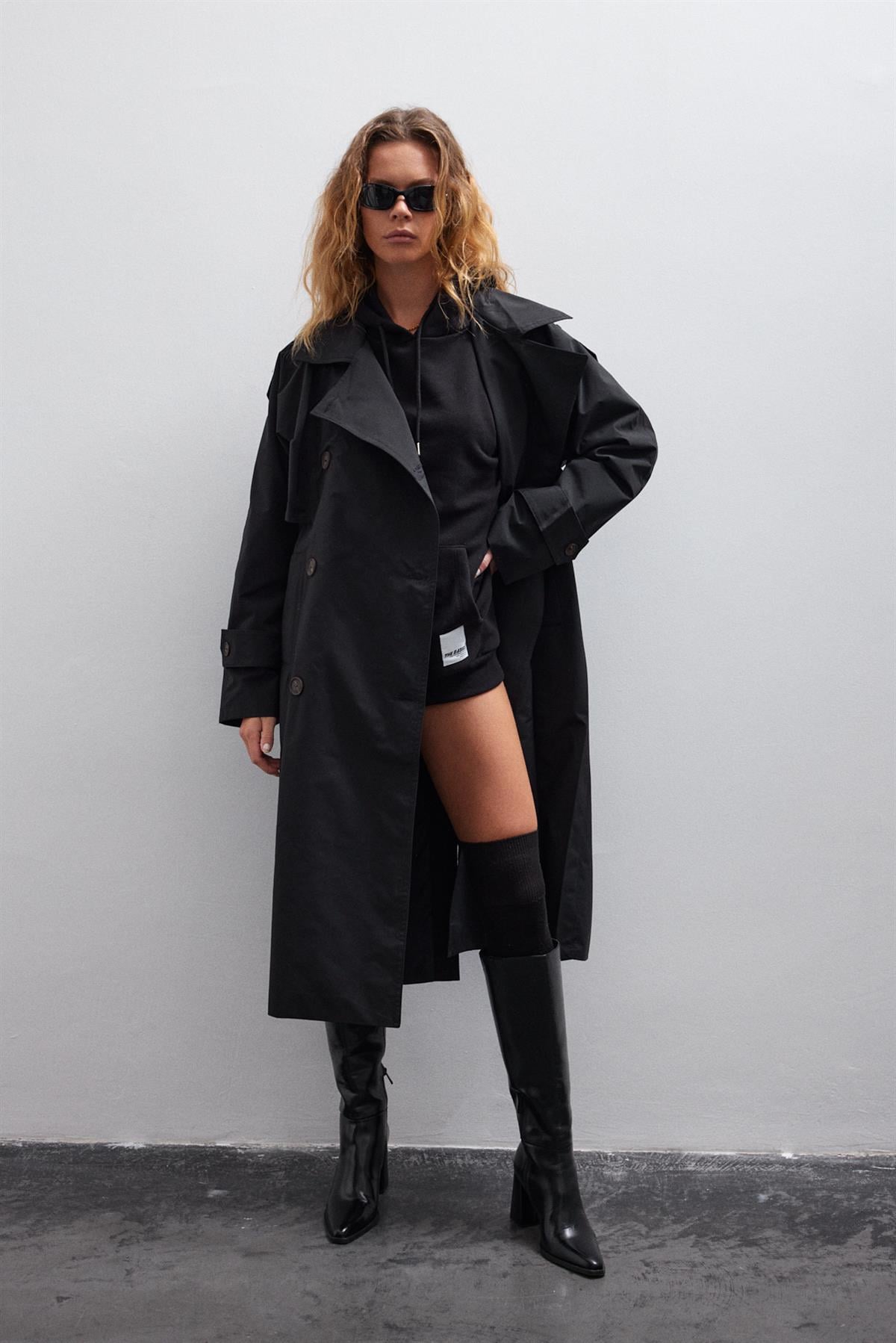 Siyah Oversize İçi Polarli Kapüşonlu Sweatshirt