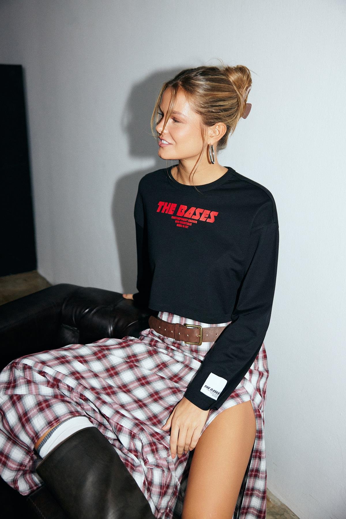 Siyah Oversize Uzun Kollu Baskılı Crop T-Shirt