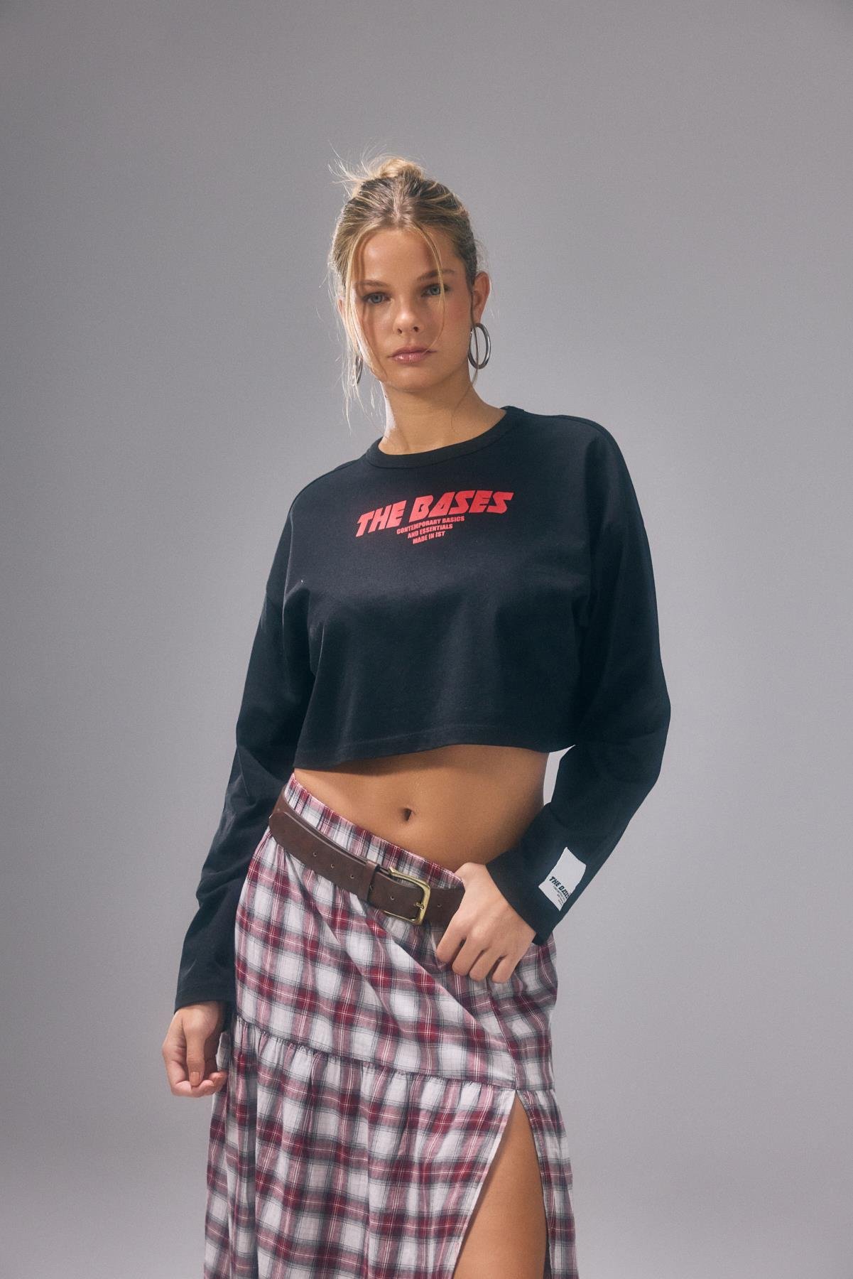 Siyah Oversize Uzun Kollu Baskılı Crop T-Shirt