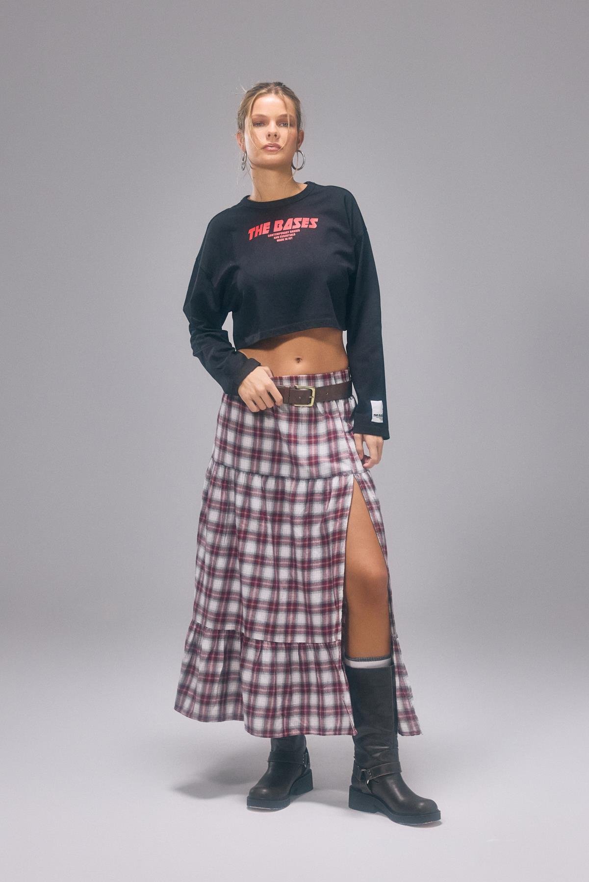 Siyah Oversize Uzun Kollu Baskılı Crop T-Shirt