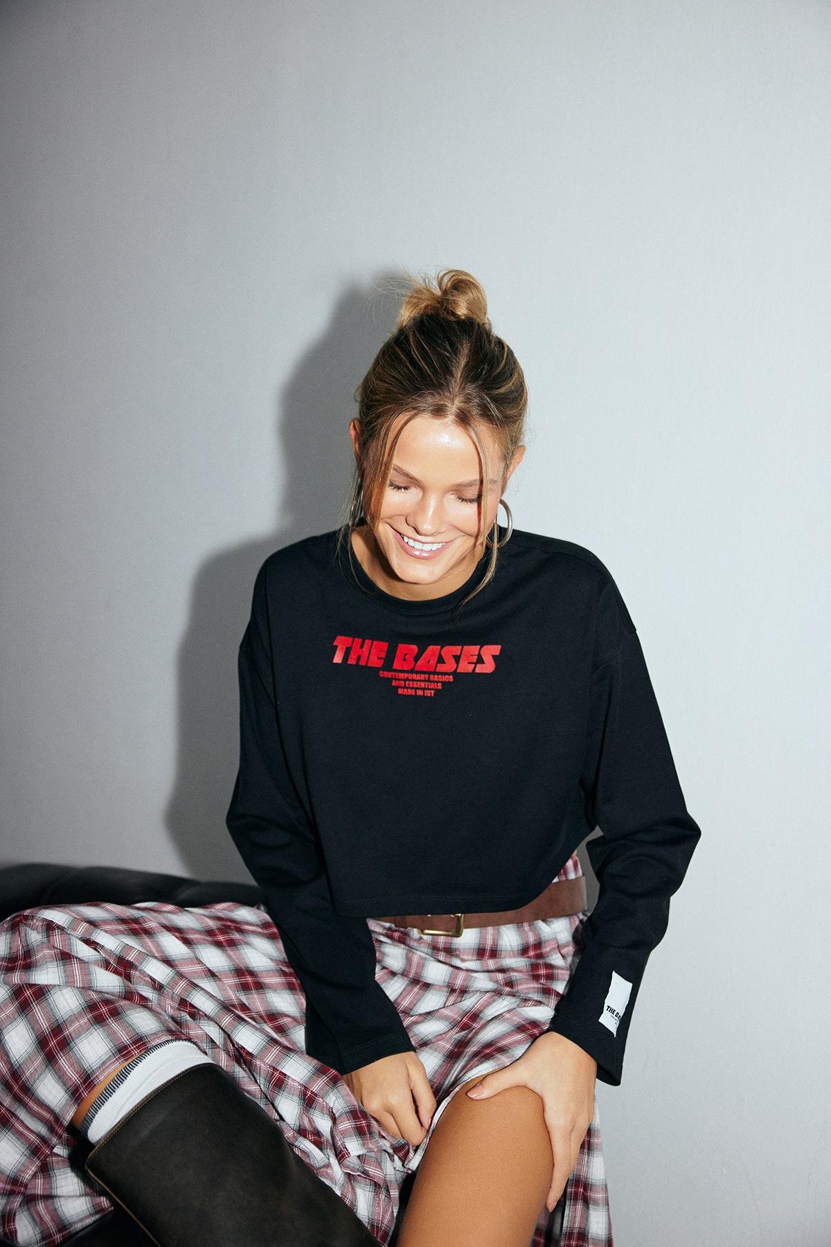 Siyah Oversize Uzun Kollu Baskılı Crop T-Shirt