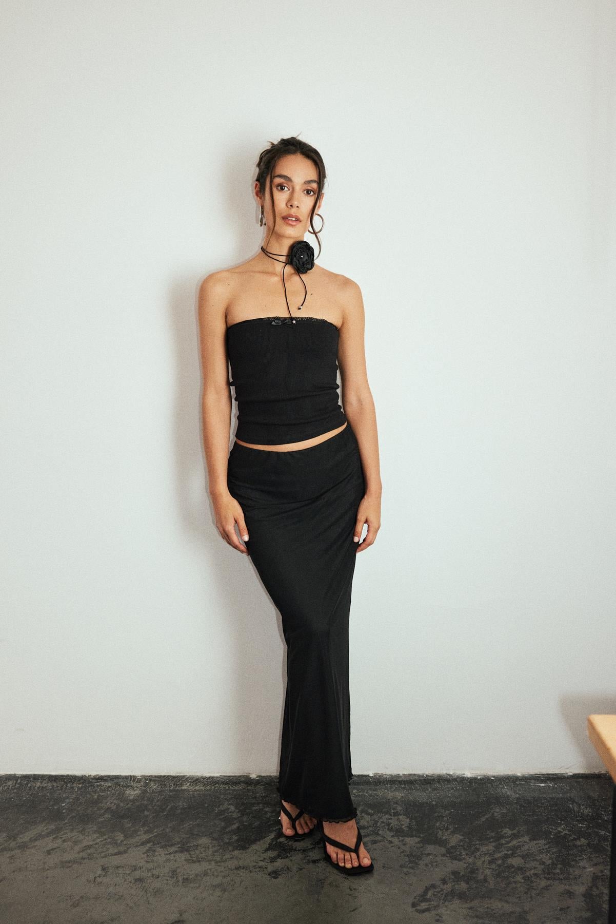Siyah Tül Fitted Maxi Etek