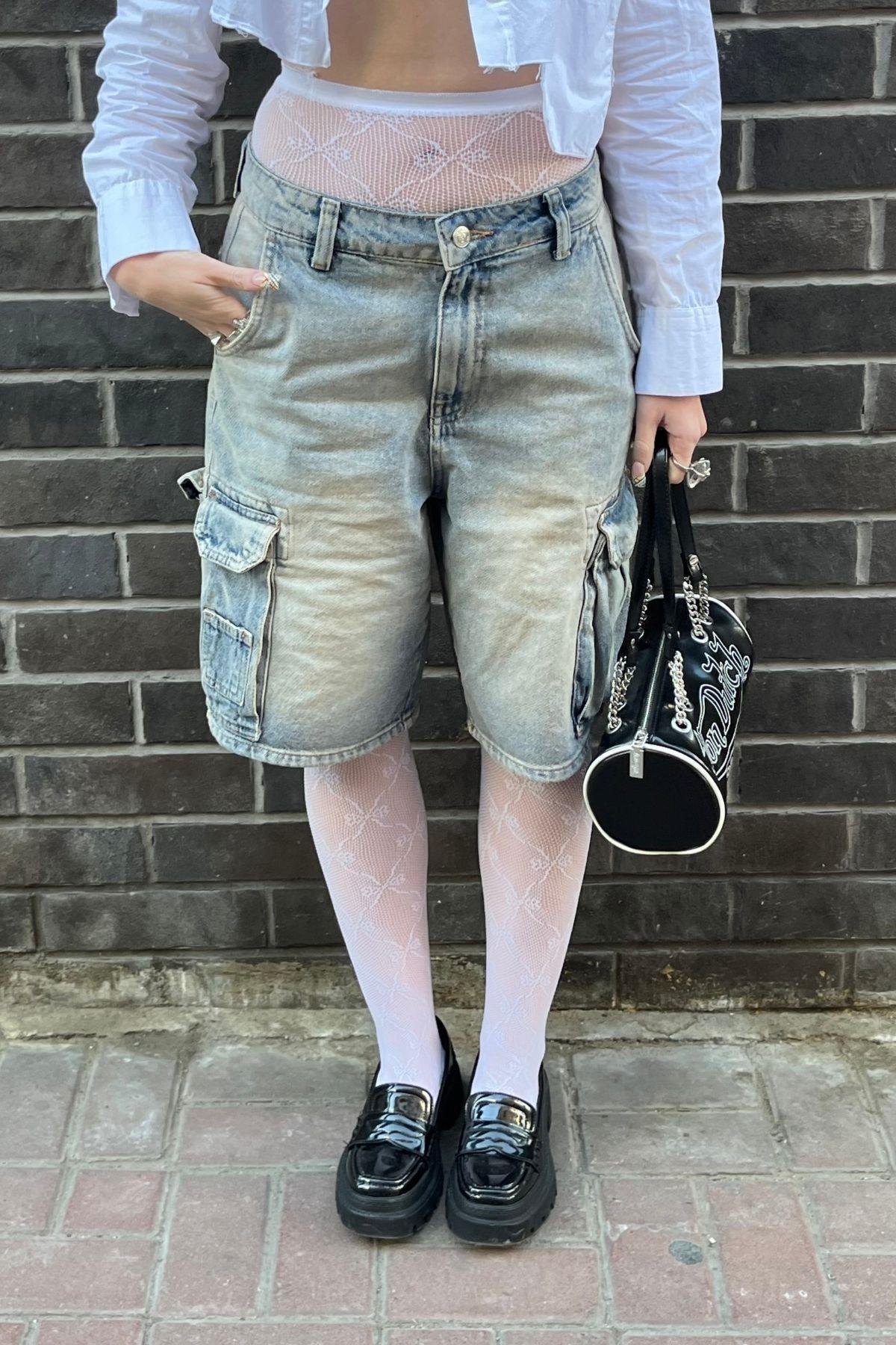 Soluk Efektli Bol Denim Kargo Bermuda Şort