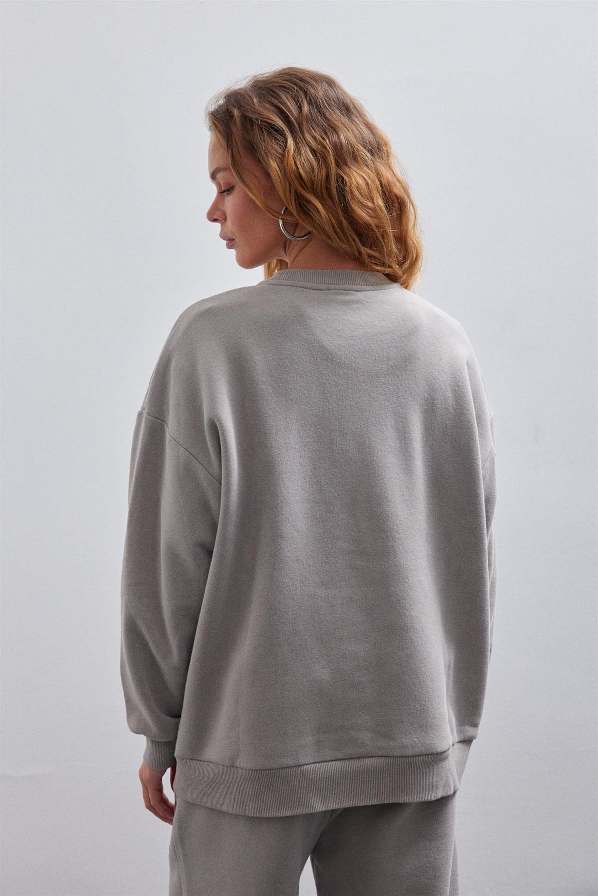 Vizon Soluk Efektli Basic Bisiklet Yaka Içi Polarlı Oversize Sweatshirt