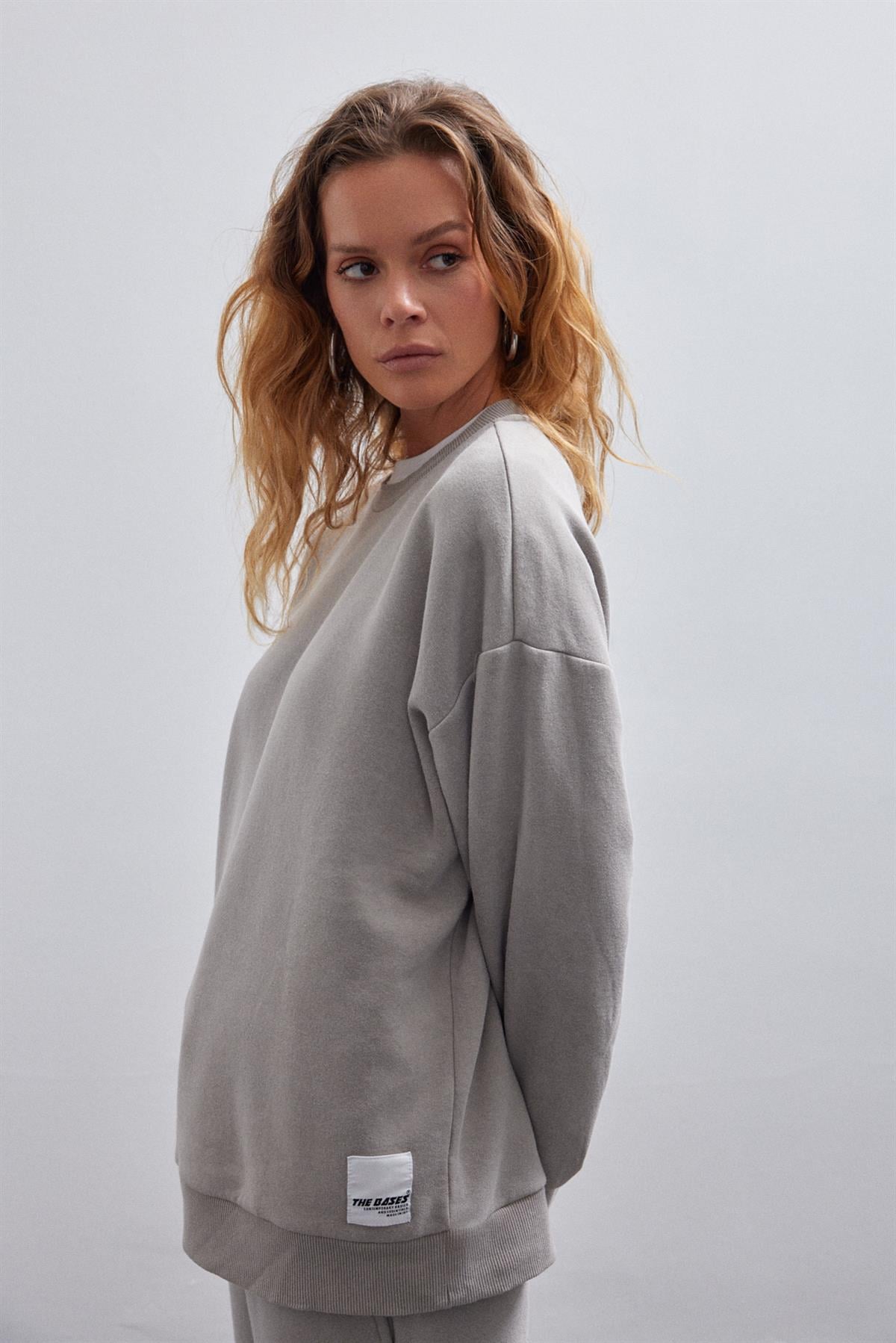 Vizon Soluk Efektli Basic Bisiklet Yaka Içi Polarlı Oversize Sweatshirt