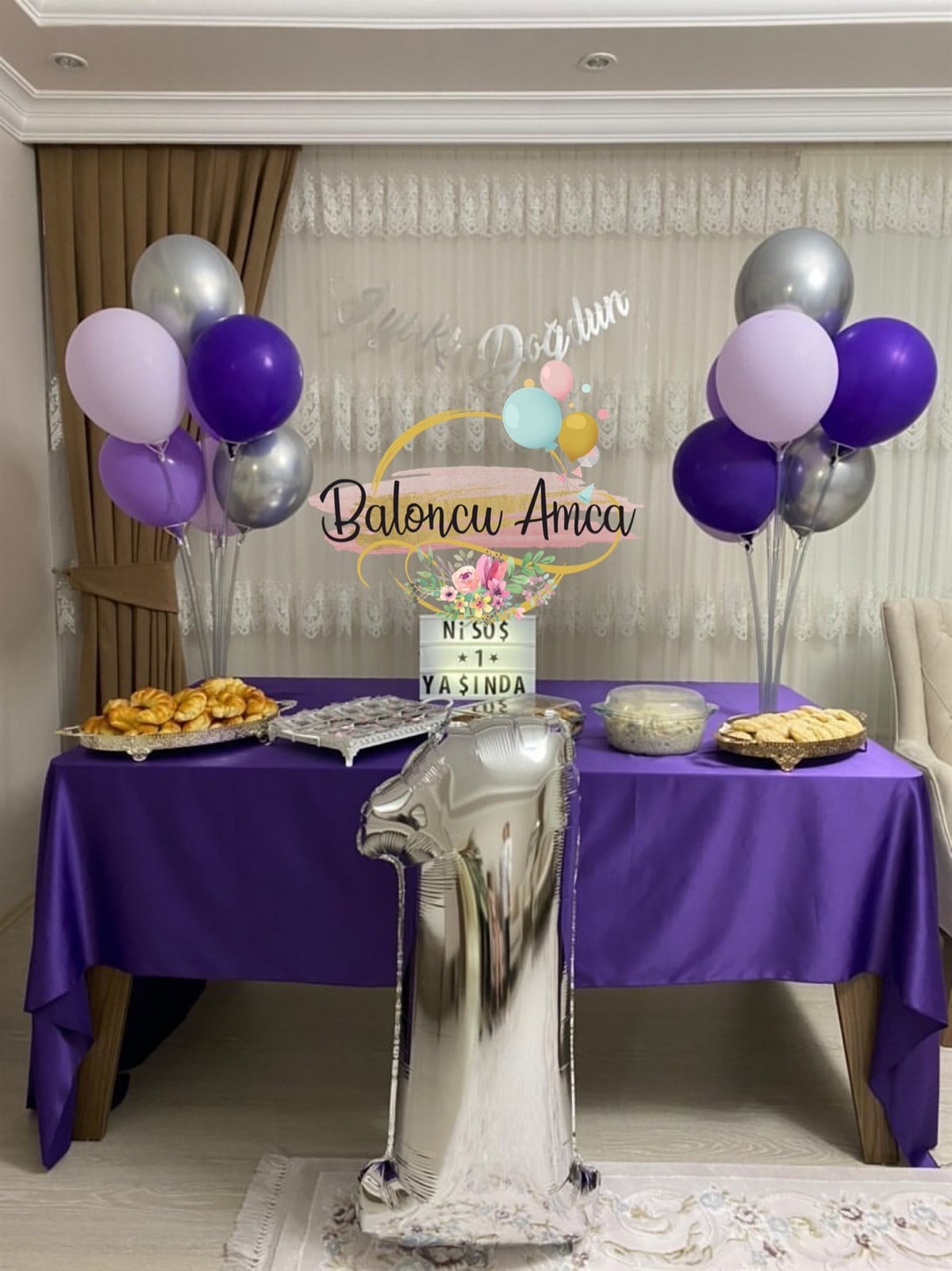 Mor ve Gümüş Renkte 1 Yaş Balon Seti