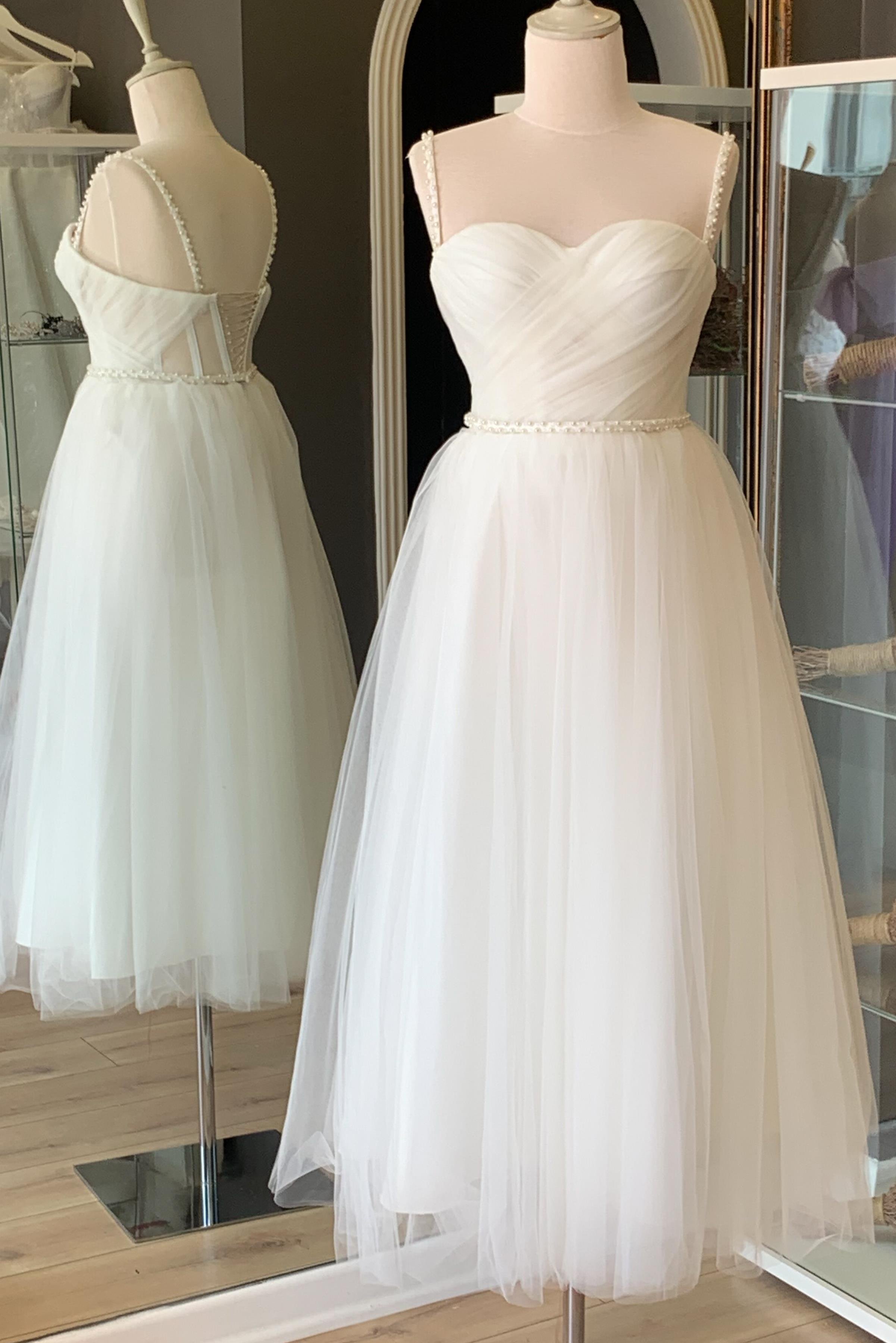 Beyaz Drapeli ve İnci Detaylı Midi Tül Abiye ve Nikah Elbisesi