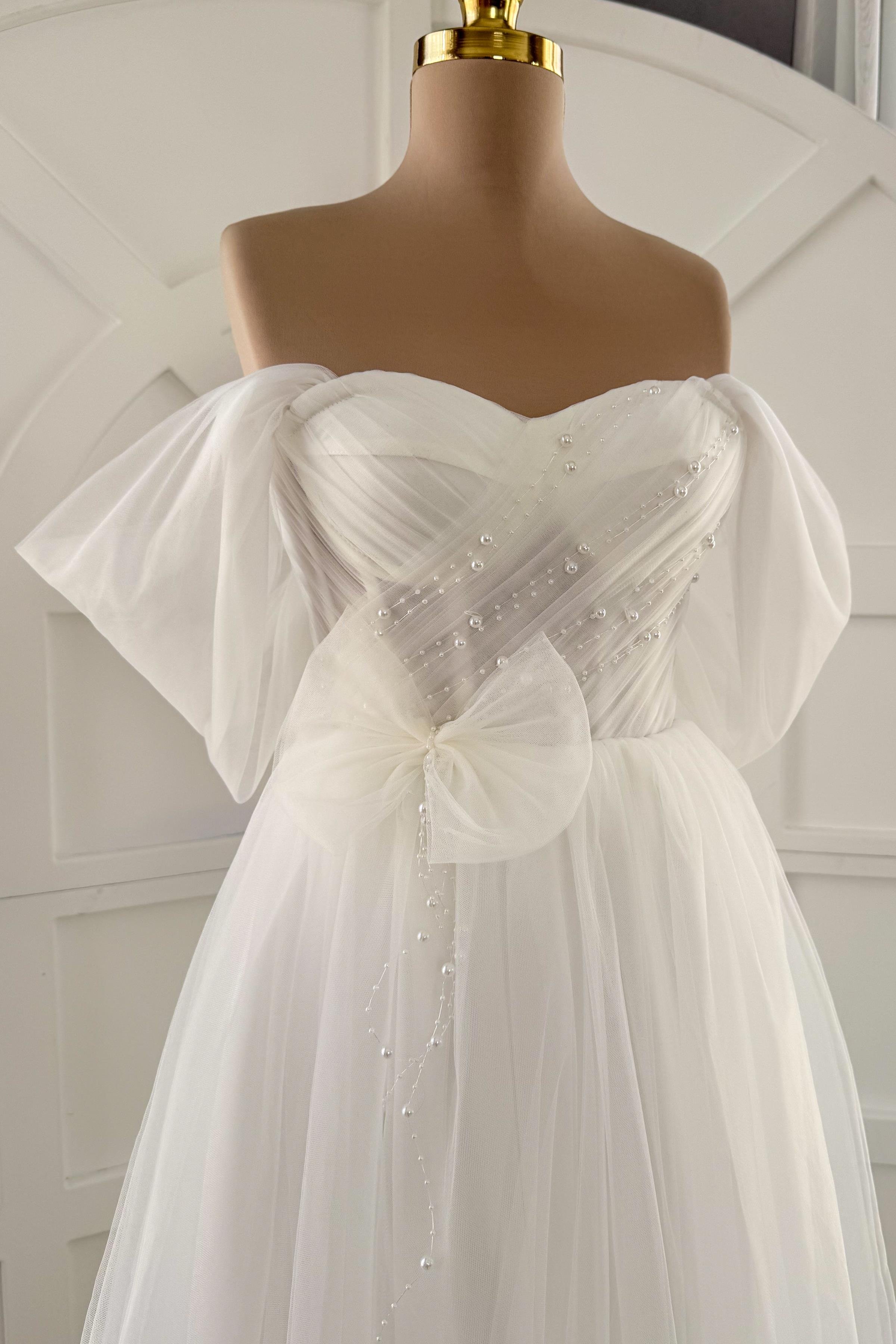 Beyaz İnci ve Kurdele Detaylı Midi Boy Tül Abiye ve Nikah Elbisesi