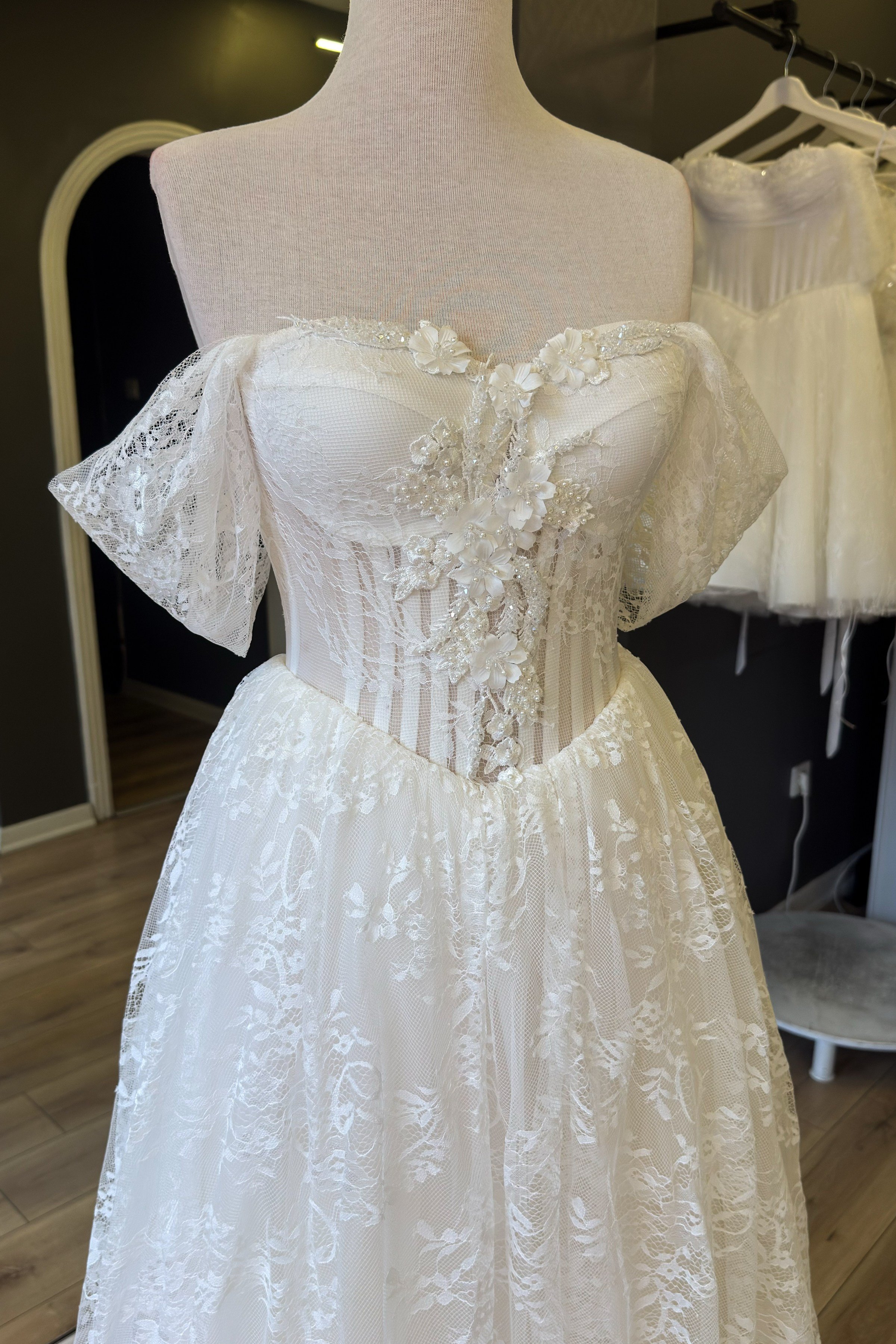 Beyaz Lez Dantel Midi Boy Abiye ve Nikah Elbisesi