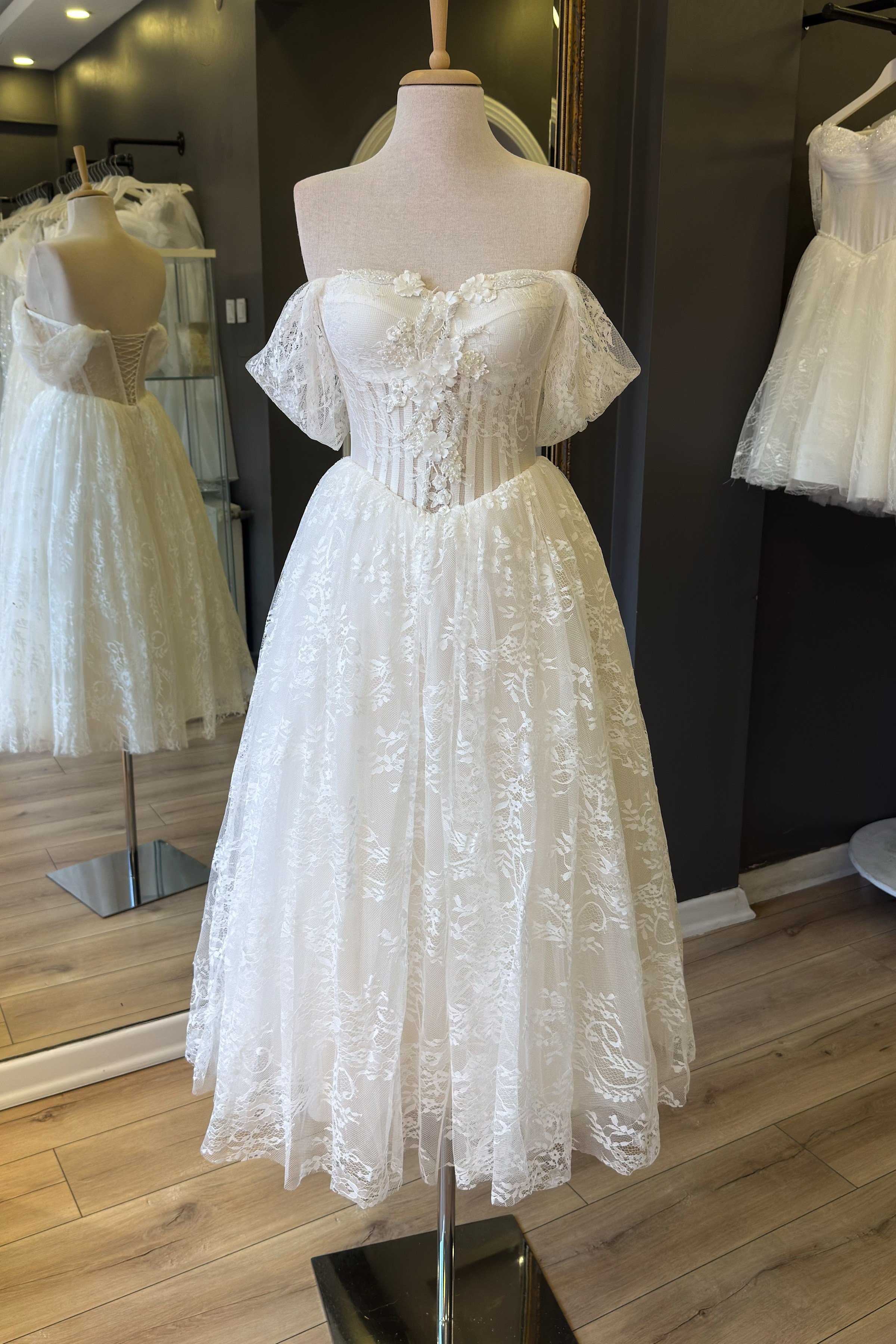 Beyaz Lez Dantel Midi Boy Abiye ve Nikah Elbisesi