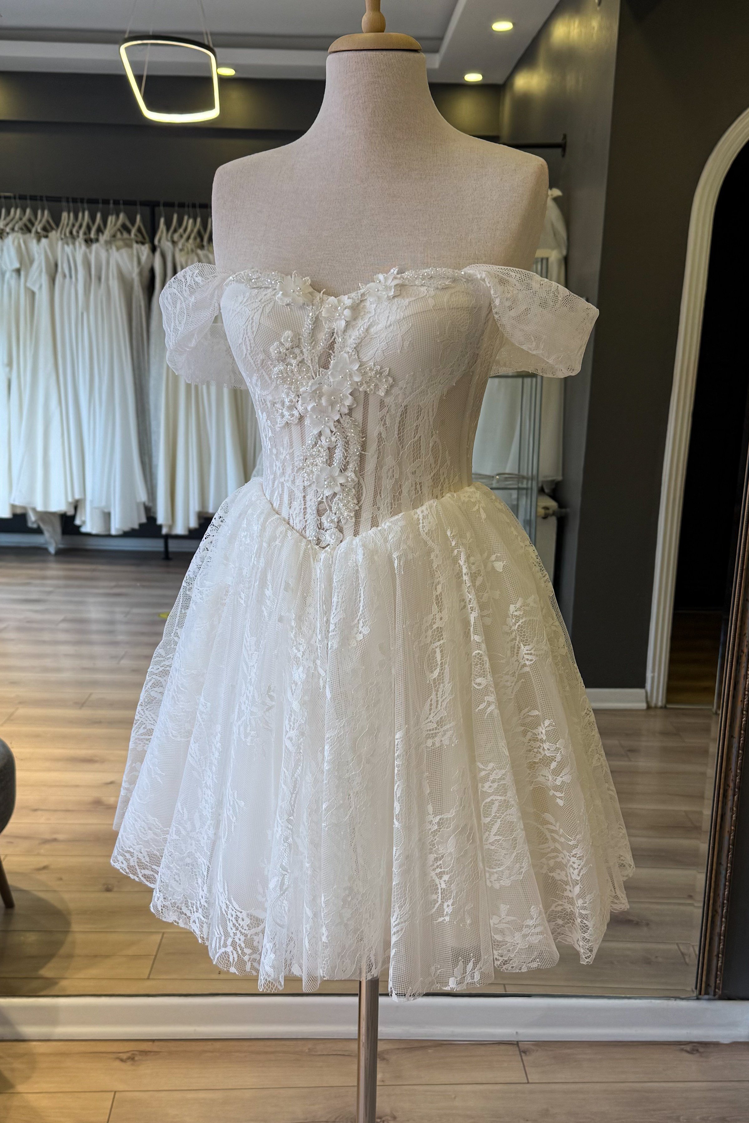 Beyaz Lez Dantel Mini After Parti ve Nikah Elbisesi