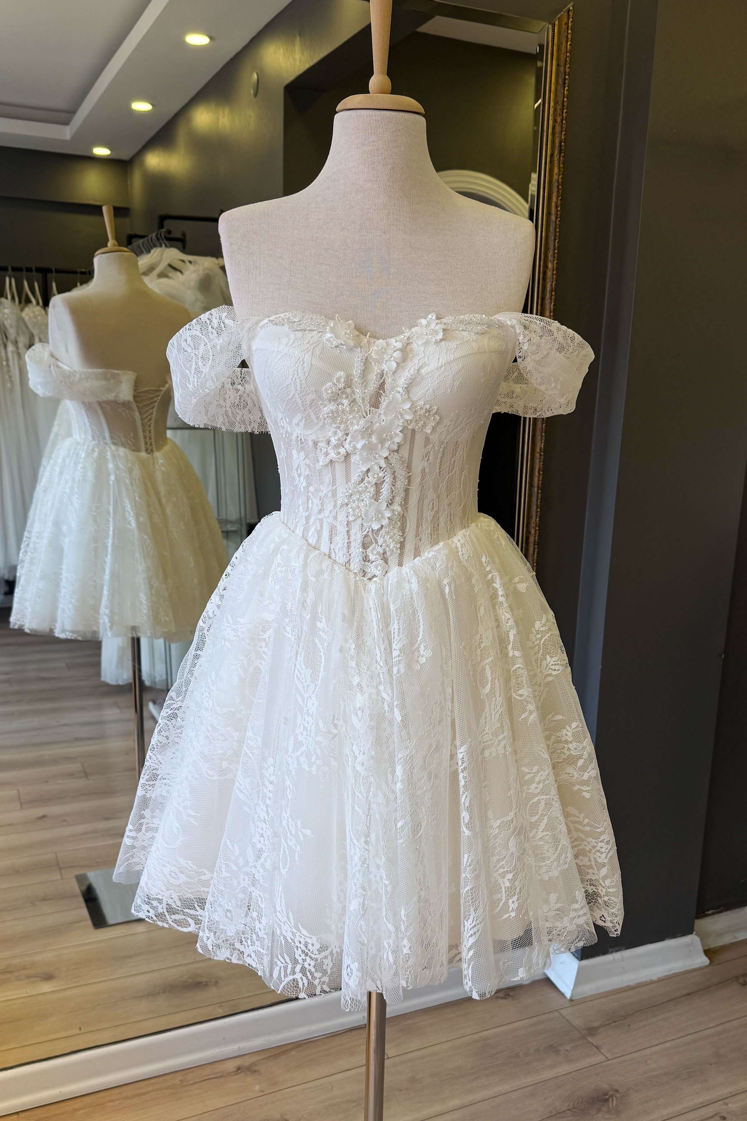 Beyaz Lez Dantel Mini After Parti ve Nikah Elbisesi